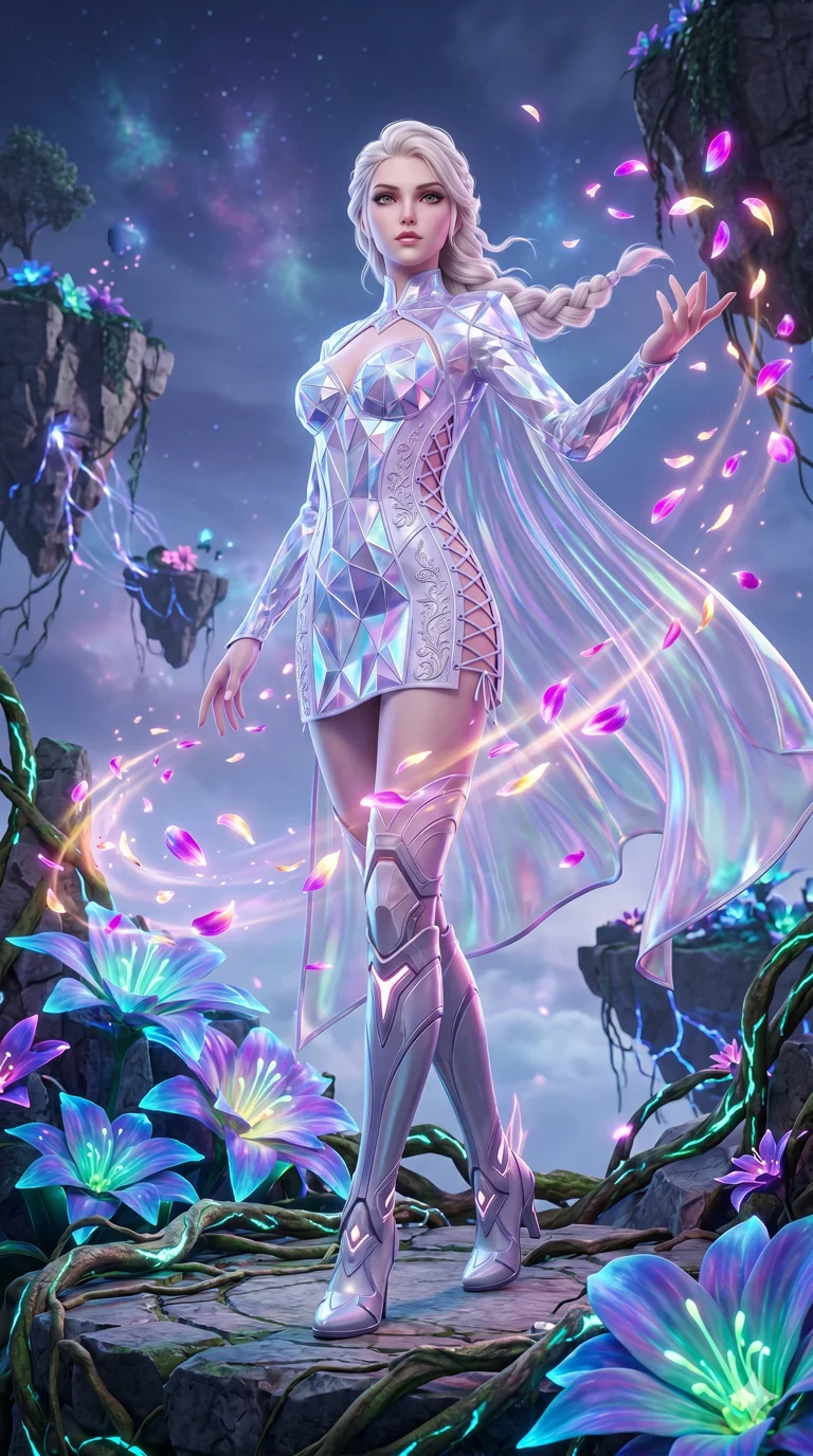 score_9, masterpiece, best quality, ultra-detailed, Semi-realistic 3D Game Render, high-fidelity character model, intricate textures, dynamic particle effects, Unreal Engine 5 aesthetic, crisp 3D depth, Caucasian woman with pale skin and refined features. Dynamic full-body shot stretching the vertical silhouette, capturing her from a powerful low-angle perspective. Summoning a flurry of glowing petals that swirl in a rhythmic dance. She has an absolutely perfect 8-heads proportion, an exceptionally tall and slender female figure with impossibly long slender legs and an ultra-slim waist, her statuesque height and towering silhouette dominating the vertical 9:16 frame. Her face is a masterpiece featuring a sharp v-shaped jawline, high-bridge nose, intricate jewel-like eyes with depth, thick eyelashes, and glossy lips with a natural sheen. She is wearing a Crystalline structure mini-dress with an iridescent vinyl cape, dangerous plunging neckline, and lace-up side panels.. The scene is set in a floating island covered in giant glowing flowers and vines of pure energy. 2k, ultra detail, master piece, 9:16 ratio