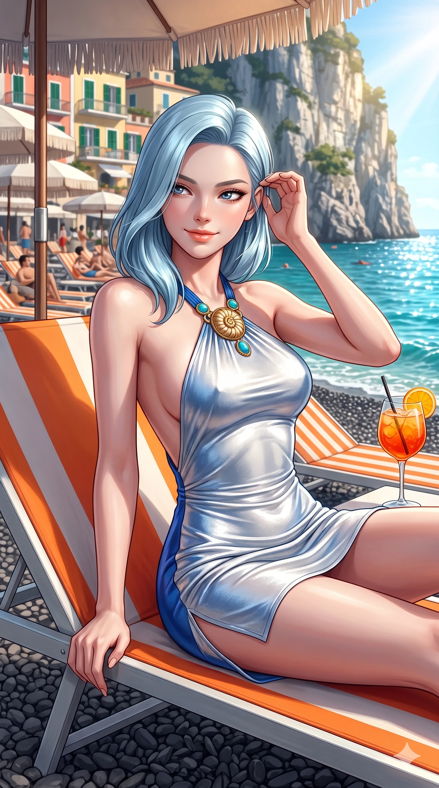 score_9, masterpiece, best quality, ultra-detailed, high-budget anime keyframe, semi-realistic 3D game render, editorial fashion photography, tasteful artistic composition, Korean woman. close-up cowboy shot from the waist and thighs up, the character dominates the composition, filling the frame with her large presence. gently brushing a lock of salt-kissed hair behind her ear while casting a playful, flirtatious side-gaze with long eyelashes while reclining on an orange-and-white striped sun lounger propped on one elbow, holding an Aperol spritz with sovereign high-society charm and bedroom-eyes. The surrounding environment is rendered in vivid detail and crisp panoramic clarity: sharp dark pebble beach textures, canvas parasol fringe, and Positano cliffside villa window shutters in deep focus. She has an exceptionally elegant, slender, and willowy female figure with an ultra-slim waist, flat toned midriff, narrow ribcage, and sculpted feminine hips creating an alluring, slim hourglass silhouette without bulk. sharp v-shaped jawline, high-bridge nose, sparkling eyes with hypnotic seductive depth, thick curled eyelashes, glossy parted lips with a natural dewy peach sheen, alluring bedroom-eyes with an enchanting coquettish smile, exuding magnetic siren charisma and sophisticated glamour, flawlessly proportioned anatomical accuracy, strict slender model proportions, natural body alignment, perfectly sculpted long slender limbs, ultra-slim waistline, clean dynamic posture without body distortion. wearing an alluring backless metallic lamé halterneck mini dress with deep scoop back down to her lower spine and thigh-high slit in Mykonos whitewash and cobalt blue, woven from buttery-soft stretch lambskin leather adhering to her body like a second skin, accented with an authentic engraved gold nautilus shell medallion and turquoise cabochons, the precision-cut side openings and low-back scoop framing her graceful spine and the sensual sweep of her slim, toned hips. bathed in brilliant Mediterranean late afternoon sunshine reflecting off the vertical cliff face and turquoise sea. highly saturated vibrant anime colors, detailed shading with soft gradients, rich glossy textures, high-contrast stereoscopic depth, volumetric dynamic lighting, master piece, 9:16 ratio