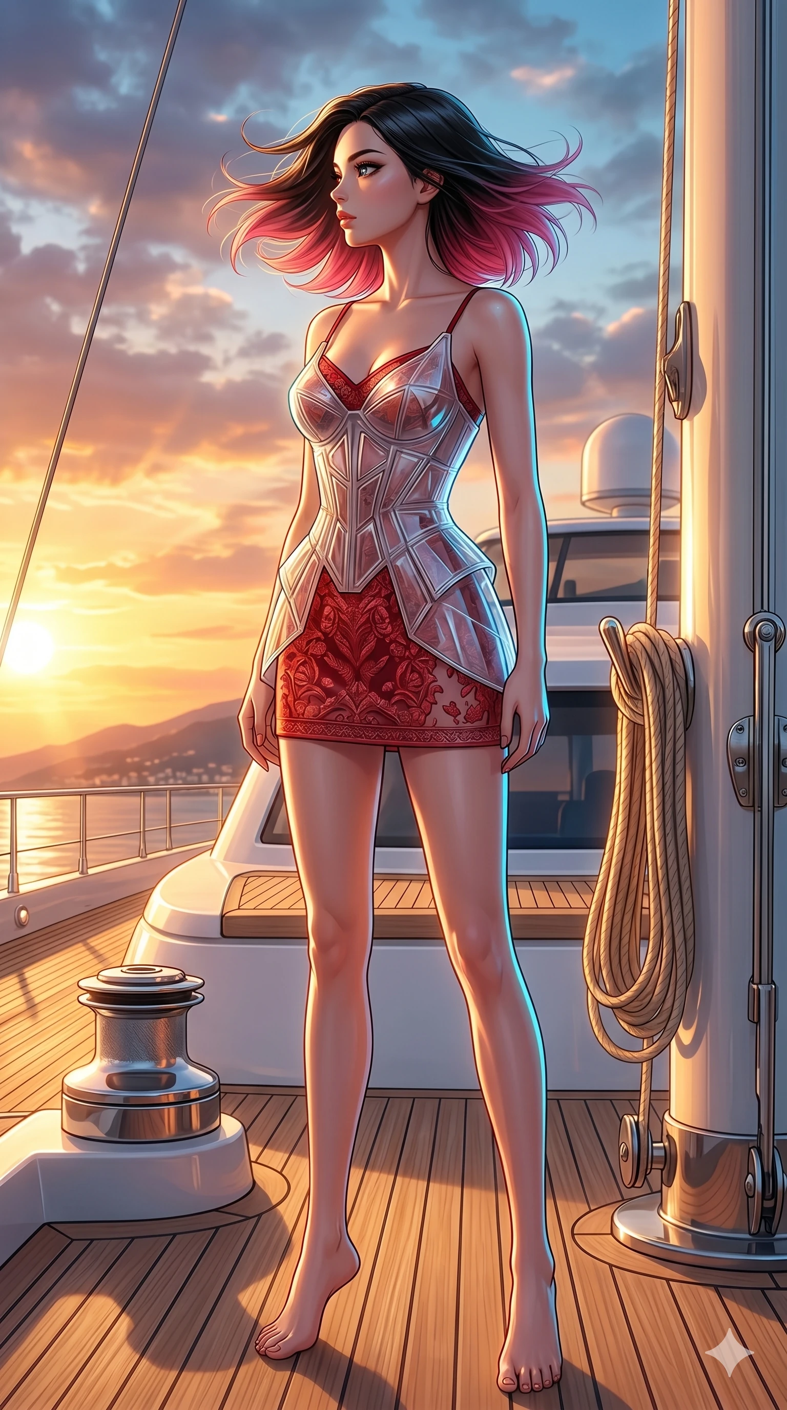 score_9, masterpiece, best quality, ultra-detailed, high-budget anime keyframe, editorial fashion photography, tasteful artistic composition, Korean woman. cowboy shot from the thighs up, character and outfit filling the frame for maximum editorial presence. standing tall, her face turned in profile to catch the wind on a yacht deck at sunset (Code-P17-175). She has an absolutely perfect 8-heads proportion, an exceptionally tall and slender female figure with impossibly long slender legs and an ultra-slim waist. V-shaped jawline, high-bridge nose, intricate jewel-like eyes with depth, thick eyelashes, glossy lips with a natural sheen. wearing a translucent polymer structured bodice over a red patterned embroidery slip dress. bright cinematic volumetric lighting with a cool blue rim light tracing her contours. 2k, ultra detail, master piece, 9:16 ratio
