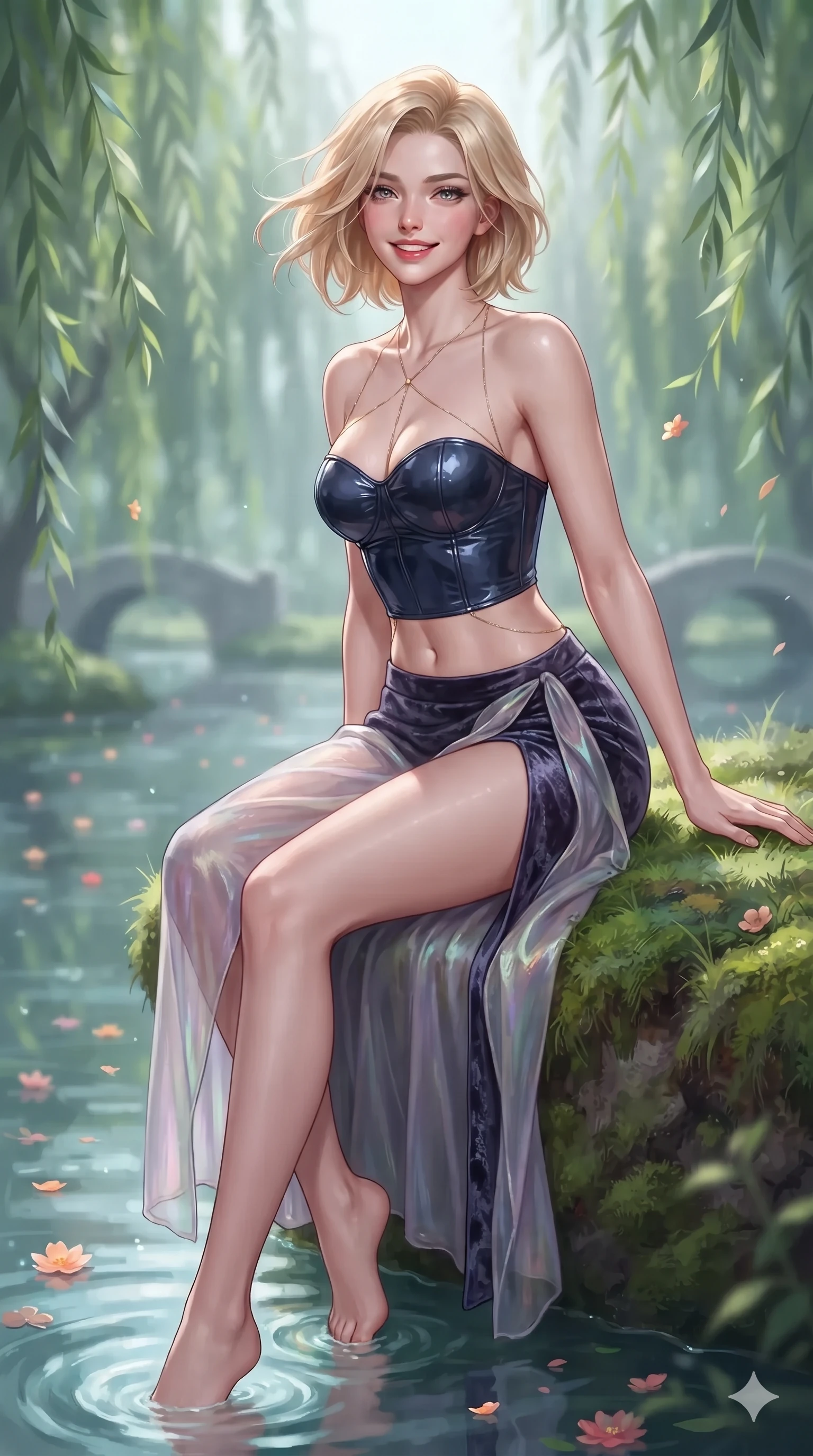score_9, masterpiece, best quality, ultra-detailed, high-budget anime keyframe, editorial fashion photography, tasteful artistic composition, Caucasian woman. close-up cowboy shot from the waist and thighs up, the character dominates the composition, filling the frame with her large presence. turning slowly with an enchanting smoldering smile, her glossy hair tossing in the breeze as her hips angle gracefully in a captivating contrapposto while sitting perched on the grassy mossy bank with legs dangling gracefully toward the water, flashing a radiant yet seductive half-smile. The background shows a soft-focus swaying weeping willow fronds, drifting flower blossoms on water, and distant arched bridges blurred into emerald, silver, and jade bokeh. She has an exceptionally elegant, slender, and willowy female figure with an ultra-slim waist, flat toned midriff, narrow ribcage, and sculpted feminine hips creating an alluring, slim hourglass silhouette without bulk. sharp v-shaped jawline, high-bridge nose, sparkling eyes with hypnotic seductive depth, thick curled eyelashes, glossy parted lips with a natural dewy peach sheen, alluring bedroom-eyes with an enchanting coquettish smile, exuding magnetic siren charisma and sophisticated glamour, flawlessly proportioned anatomical accuracy, strict slender model proportions, natural body alignment, perfectly sculpted long slender limbs, ultra-slim waistline, clean dynamic posture without body distortion. wearing a strapless wet-look vinyl bustier paired with sheer chiffon high-slit wrap trousers revealing her long slender legs in iridescent mother-of-pearl and misty lavender, tailored from crushed dark velvet with deep light-absorbing plush texture, accented with a gold body chain harness subtly framing her dewy collarbones and spine, the impeccably tailored cut draping gracefully along her slender figure with aristocratic eastern poise. illuminated by cool water surface bounce and sharp platinum-cyan rim lights defining her razor-sharp jawline, narrow waist, and curvy hips. ultra-reflective glossy finish, specular highlights, rich textural contrasts, high-contrast stereoscopic depth, volumetric dynamic lighting, 2k, ultra detail, master piece, 9:16 ratio
