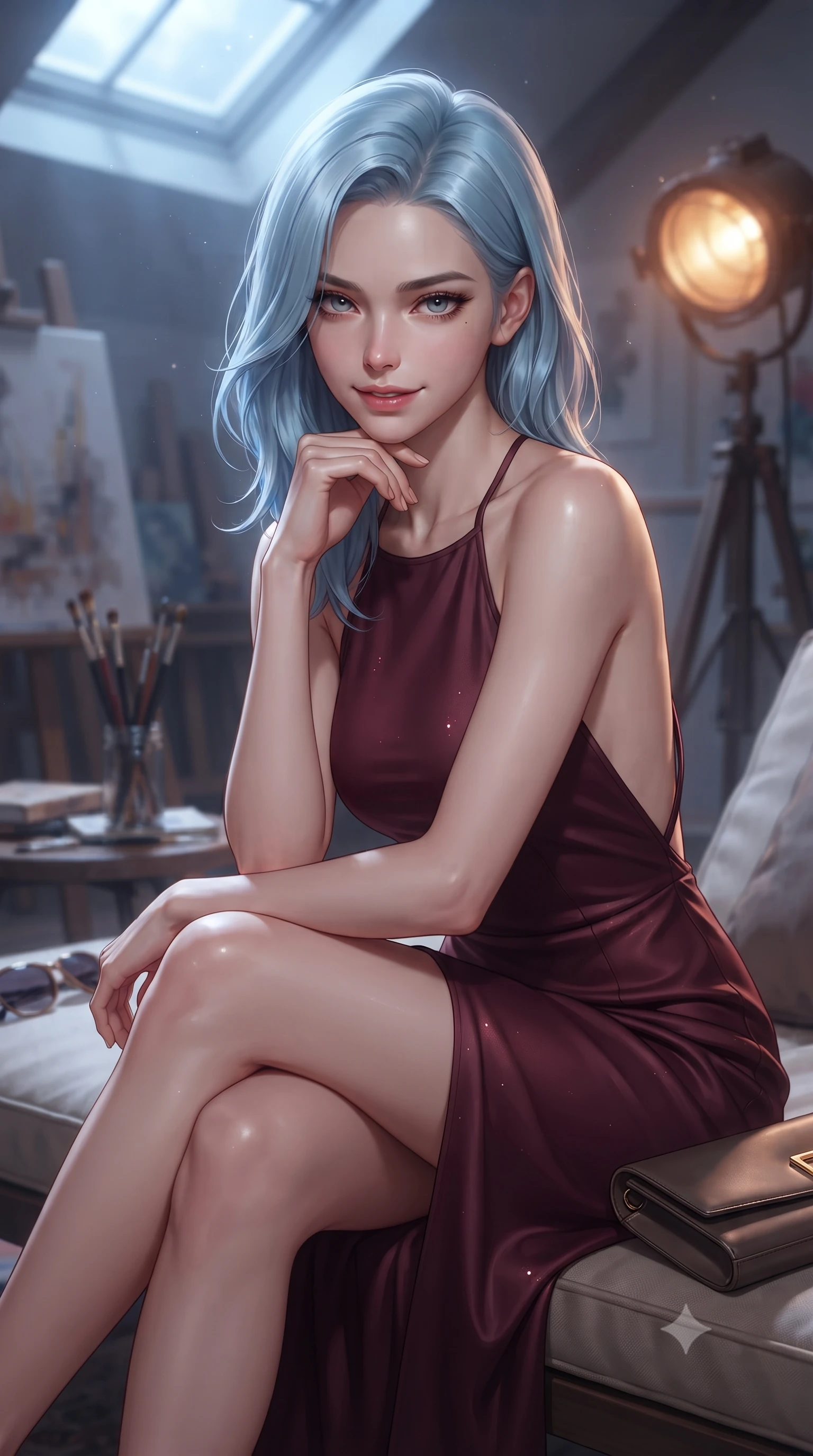 score_9, masterpiece, best quality, ultra-detailed, high-budget anime keyframe, editorial fashion photography, tasteful artistic composition, Korean woman. close-up cowboy shot from the waist and thighs up, the character dominates the composition, filling the frame with her large presence, background elements kept in soft focus. flashing a sweet yet tantalizing grin, resting her chin on the back of her hand with intense eye contact set against a soft-focus background of inside an exclusive art atelier with a pair of designer sunglasses and a sleek leather clutch bag on the lounger. She has an exceptionally elegant, slender, and willowy female figure with an ultra-slim waist, a gracefully sculpted slender torso, and a refined silhouette. sharp v-shaped jawline, high-bridge nose, intricate jewel-like eyes with depth, thick eyelashes, glossy lips with a natural sheen. wearing tailored deep burgundy matte silk backless linen halter dress featuring delicate straps and a draped open-back design featuring refined tailored seams. illuminated by soft silver moonlight contrasting with the warm amber glow of a nearby lamp. ultra-reflective glossy finish, specular highlights, metallic sheen, high-contrast stereoscopic depth, volumetric dynamic lighting, 2k, ultra detail, master piece, 9:16 ratio