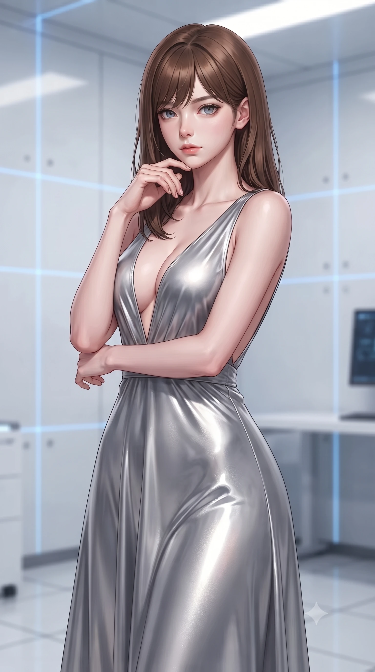 score_9, masterpiece, best quality, ultra-detailed, high-budget anime keyframe, editorial fashion photography, tasteful artistic composition, Korean woman woman. close-up cowboy shot from the waist and thighs up, the character dominates the composition, filling the frame with her large presence, background elements kept in soft focus. She has an exceptionally elegant, slender, and willowy female figure with an ultra-slim waist, a gracefully sculpted slender torso, and a refined silhouette. resting her chin on the back of her fingers in a thoughtful and effortless pose, flawlessly proportioned anatomical accuracy, natural body alignment, perfectly sculpted elegant limbs, clean dynamic posture without body distortion. set against a soft-focus background of a high-tech cleanroom with white composite walls and laser grids. wearing a deep plunging V-neck maxi dress in liquid silver jersey with a daring open-back. bathed in crisp high-key white ambient light with focused blue laser gridlines. ultra-reflective glossy finish, specular highlights, metallic sheen, high-contrast stereoscopic depth, volumetric dynamic lighting, 2k, ultra detail, master piece, 9:16 ratio