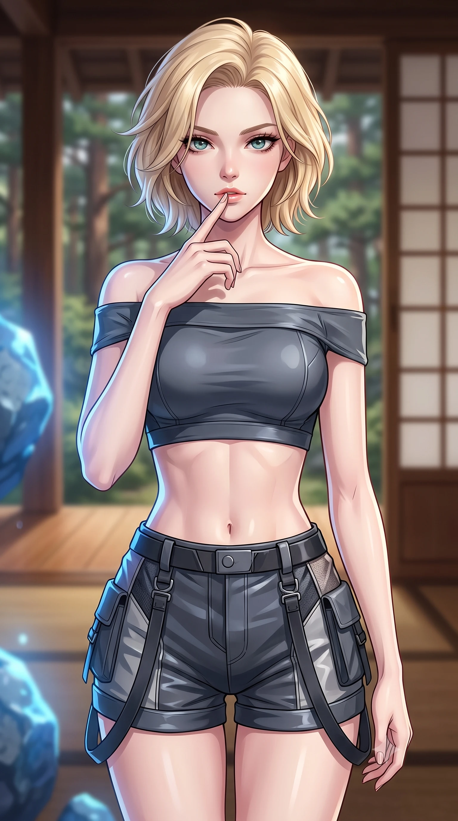 score_9, masterpiece, best quality, ultra-detailed, high-budget anime keyframe, editorial fashion photography, tasteful artistic composition, Caucasian woman. close-up cowboy shot from the waist and thighs up, the character dominates the composition, filling the frame with her large presence, background elements kept in soft focus. pressing one finger to her bottom lip in a thoughtful, composed gesture, locking eyes with the viewer, the background shows a soft-focus a pine forest veranda made of polished wood and sliding screen panels. She has an exceptionally elegant, slender, and willowy female figure with an ultra-slim waist, a gracefully sculpted slender torso, and a refined silhouette. sharp v-shaped jawline, high-bridge nose, intricate jewel-like eyes with depth, thick eyelashes, glossy lips with a natural sheen. wearing a form-contouring chic off-shoulder carbon-plate crop top, paired with high-waisted utility micro-shorts. soft blue light radiating from digital rocks onto her refined profile. highly saturated vibrant anime colors, detailed shading with soft gradients, rich glossy textures, high-contrast stereoscopic depth, volumetric dynamic lighting, master piece, 9:16 ratio