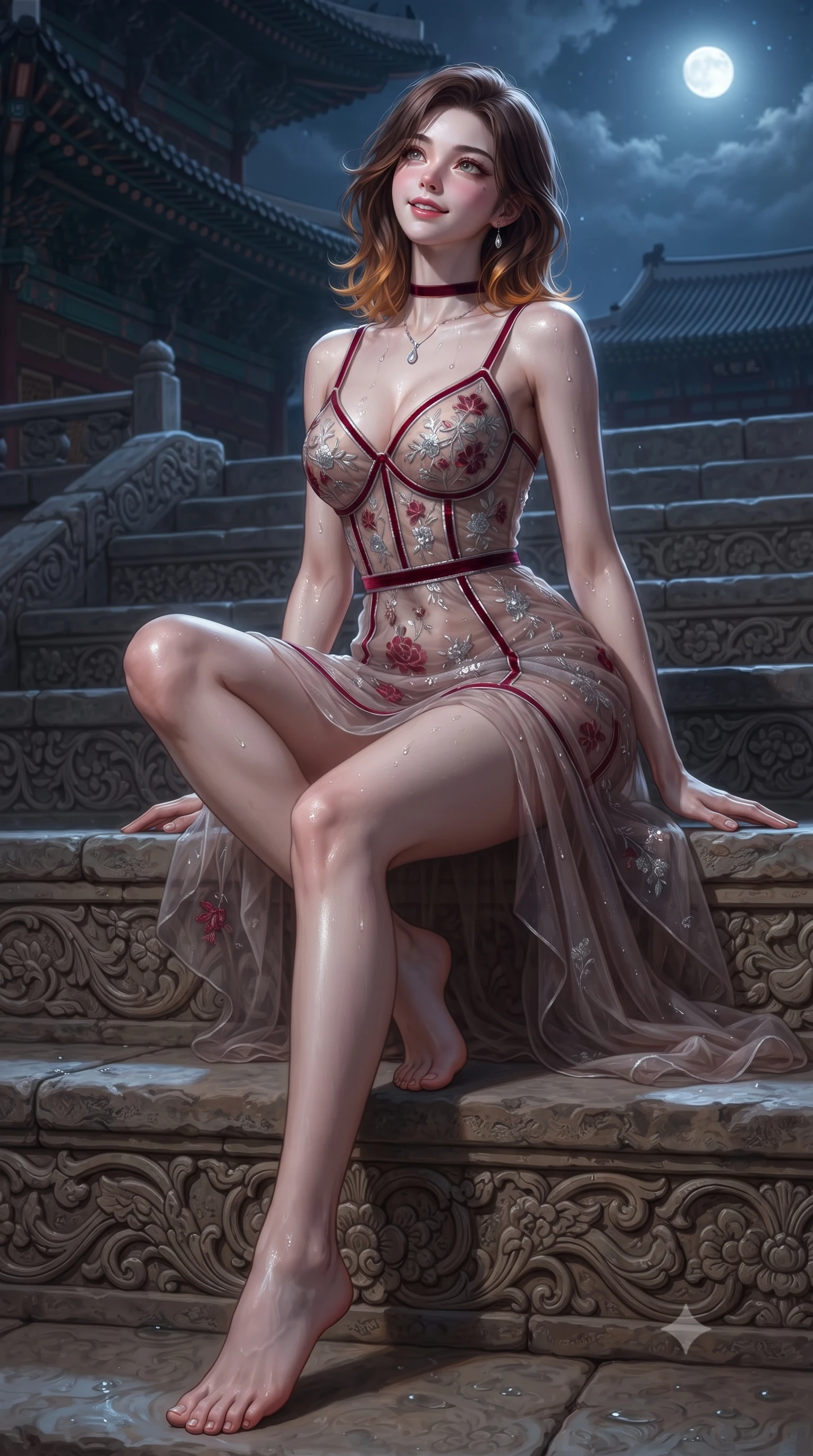 score_9, masterpiece, best quality, ultra-detailed, high-budget anime keyframe, editorial fashion photography, tasteful artistic composition, Korean woman. low angle full-body shot from head to toe showing her feet, filling the entire 9:16 vertical frame with her statuesque presence, stretching her vertical silhouette. sitting poised on the stone steps with one knee bent, arching her spine with supermodel elegance as she glances upward through thick eyelashes while twisting her slender torso in an alluring S-curve, glistening thermal droplets and silver moonlight tracing her flat midriff and hips. The surrounding environment is rendered in vivid detail and crisp panoramic clarity: detailed sheer silk chiffon slip dress with eyelash lace cups, high side slit, and Korean master woodcraft in razor-sharp precision. She has an exceptionally tall and slender model-like 8.5-heads proportion, an ultra-slim waist, a flat toned midriff, narrow delicate ribcage, and beautifully sculpted feminine hips creating a graceful, slim hourglass silhouette without any bulky heaviness, with impossibly long slender legs. sharp v-shaped jawline, high-bridge nose, intricate jewel-like sparkling eyes with depth, thick eyelashes, glossy parted lips with a natural peach sheen, bright cheerful beaming smile with an enchanting and coquettish sensual glint, exuding both youthful cute charm and seductive allure, flawlessly proportioned anatomical accuracy, strict slender model proportions, natural body alignment, perfectly sculpted long slender limbs, ultra-slim waistline, clean dynamic posture without body distortion. wearing a provocative semi-sheer tulle cocktail dress with velvet ribbon piping contouring her narrow waist and hips in Venetian baroque ruby red and antique starlight silver, made of delicate embroidered tulle lace with intricate floral motifs and soft transparency, finished with a thin velvet ribbon choker and a single teardrop diamond pendant, the second-skin tailored fabric adhering flawlessly to her sculpted flat midriff and slender torso, emphasizing her long leg lines and perfectly proportioned willowy build. illuminated by thermal pool surface caustics and sharp pearlescent rim lights sculpting her jawline, narrow waist, and curvy hips. ultra-reflective glossy finish, specular highlights, rich textural contrasts, high-contrast stereoscopic depth, volumetric dynamic lighting, 2k, ultra detail, master piece, 9:16 ratio