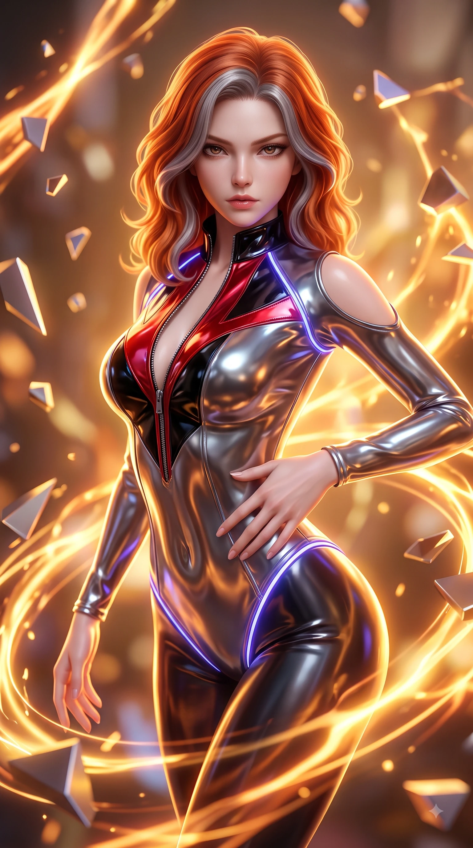 score_9, masterpiece, best quality, ultra-detailed, high-budget anime keyframe, semi-realistic 3D game render, editorial fashion photography, tasteful artistic composition, Caucasian woman. close-up cowboy shot from the waist and thighs up, the character dominates the composition, filling the frame with her large presence. twisting her upper body in a dynamic S-curve with an alluring smolder, one hand trailing along her slender waist while pivoting in mid-air amidst floating geometric alloy shards and pulsating gold energy streams. The composition keeps background elements in soft focus with creamy bokeh. pulsating plasma rings and floating geometric shards blurred into intense golden-orange bokeh. She has an exceptionally elegant, slender, and willowy female figure with an ultra-slim waist, a gracefully sculpted slender torso, and a refined silhouette. sharp v-shaped jawline, high-bridge nose, intricate jewel-like eyes with depth, thick eyelashes, glossy lips with a natural sheen, flawlessly proportioned anatomical accuracy, natural body alignment, perfectly sculpted elegant limbs, clean dynamic posture without body distortion. wearing a form-fitting top made of molten liquid-mercury fabric that clings to her curves, with strategic tear-drop shoulder cutouts and a dangerously unzipped front collar in glossy obsidian black and radiant crimson red, formed from high-gloss patent material with specular light reflections, accented with glowing fiber-optic seams tracing her collarbones and hip curves, the liquid-tight fabric adhering flawlessly to her sculpted torso and slender silhouette. bathed in blazing golden-orange plasma radiance and sharp electric rim lighting. highly saturated vibrant anime colors, detailed shading with soft gradients, rich glossy textures, high-contrast stereoscopic depth, volumetric dynamic lighting, master piece, 9:16 ratio