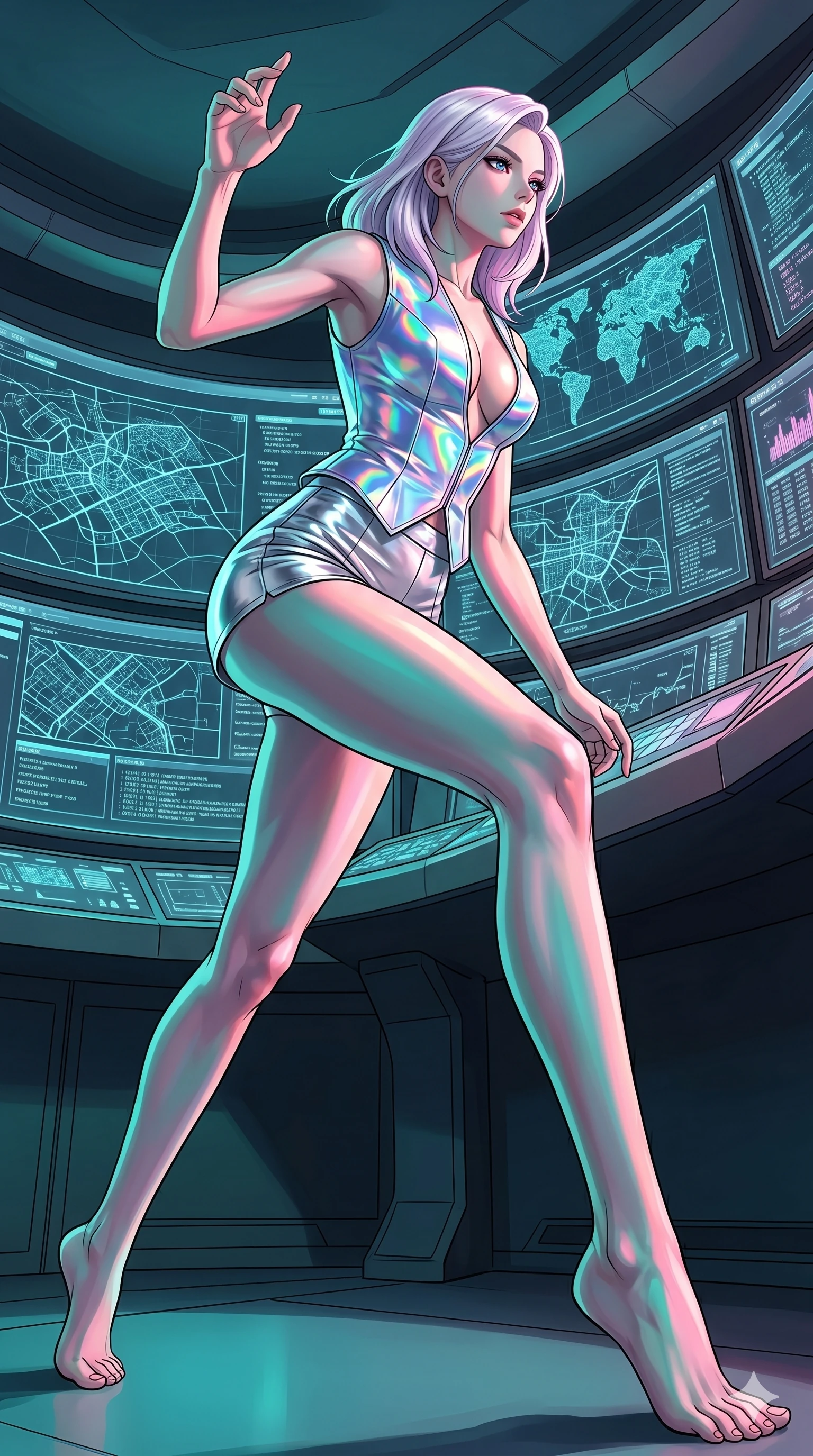 score_9, masterpiece, best quality, ultra-detailed, high-budget anime keyframe, editorial fashion photography, tasteful artistic composition, Caucasian woman, strictly human ears. low angle full-body shot from head to toe showing her feet, filling the entire 9:16 vertical frame with her statuesque presence, stretching her vertical silhouette. Lunging dynamically forward with one arm raised within a high-tech control room with walls of curved monitors showing wireframe maps. She has an absolutely perfect 8-heads proportion, an exceptionally tall and slender female figure with impossibly long slender legs and an ultra-slim waist. V-shaped jawline, high-bridge nose, intricate jewel-like eyes with depth, thick eyelashes, glossy lips with a natural sheen. wearing a structured vest in holographic fabric with a deep neckline, paired with silver metallic high-waist tailored micro-shorts. lit by high-contrast holographic projection lighting with vivid colored shadows that define her form. 2k, ultra detail, master piece, 9:16 ratio