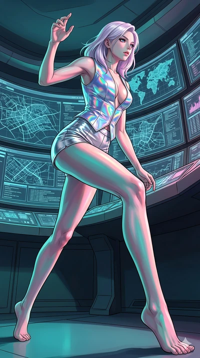 score_9, masterpiece, best quality, ultra-detailed, high-budget anime keyframe, editorial fashion photography, tasteful artistic composition, Caucasian woman, strictly human ears. low angle full-body shot from head to toe showing her feet, filling th