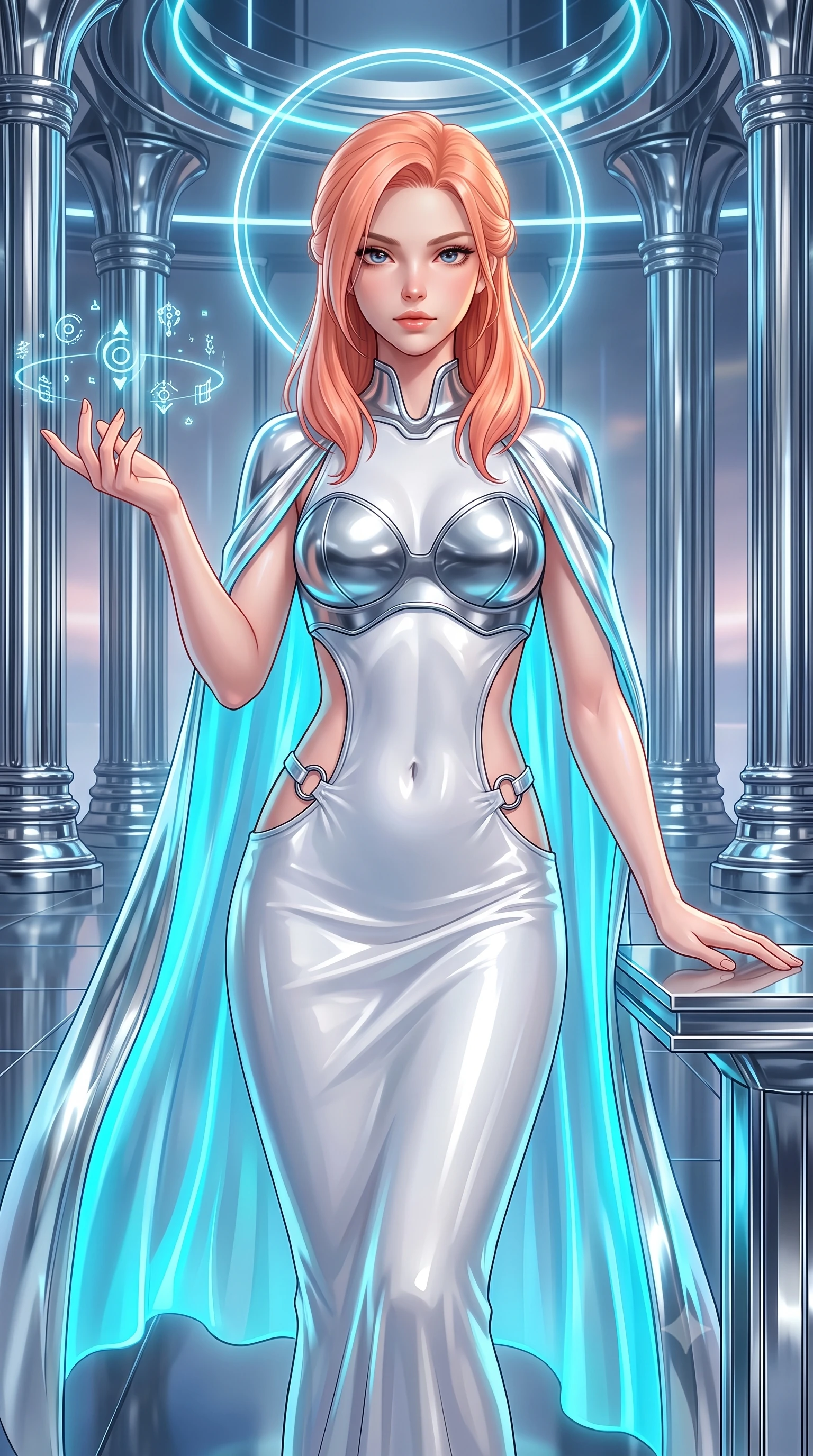 score_9, masterpiece, best quality, ultra-detailed, high-budget anime keyframe, semi-realistic 3D game render, editorial fashion photography, tasteful artistic composition, Japanese woman. close-up cowboy shot from the waist and thighs up, the character dominates the composition, filling the frame with her large presence. extending one arm gracefully as floating holographic glyphs and nano-crystals orbit her fingertips with sovereign power while resting one hand along a mirror-finished chrome altar with a serene, sovereign gaze looking directly into the lens. The surrounding environment is rendered in vivid detail and crisp panoramic clarity. intricate chrome pillar reflections, razor-sharp neon halo filaments, and polished mirror floor in deep focus. She has an exceptionally elegant, slender, and willowy female figure with an ultra-slim waist, a gracefully sculpted slender torso, toned flat midriff, and a refined slim silhouette. sharp v-shaped jawline, high-bridge nose, intricate jewel-like eyes with depth, thick eyelashes, glossy lips with a natural sheen, flawlessly proportioned anatomical accuracy, strict slender model proportions, natural body alignment, perfectly sculpted long slender limbs, ultra-slim waistline, clean dynamic posture without body distortion. wearing a form-contouring white liquid-mercury gown with polished silver biomechanical breastplate and flowing luminescent chiffon cape in polished mirror chrome and glowing electric cyan neon, formed from high-gloss patent material with specular chiaroscuro reflections, detailed with polished silver rings connecting the daring side-waist cutouts, the form-contouring material adhering flawlessly to her sculpted flat midriff and slender torso, emphasizing her long leg lines and perfectly proportioned willowy build. surrounded by a majestic, sacred, and breathtakingly futuristic cyber-deity atmosphere. rich saturated anime colors with glowing neon highlights, detailed shading with soft gradients, rich glossy textures, high-contrast stereoscopic depth, volumetric dynamic lighting, master piece, 9:16 ratio
