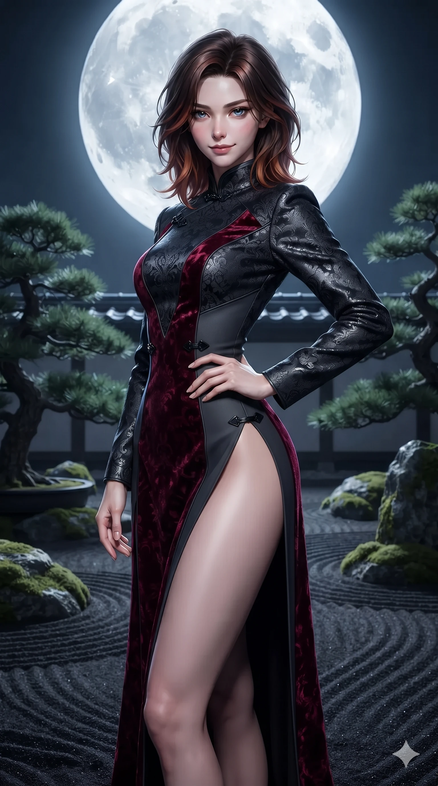 score_9, masterpiece, best quality, ultra-detailed, high-budget anime keyframe, editorial fashion photography, tasteful artistic composition, Korean woman. close-up cowboy shot from the waist and thighs up, the character dominates the composition, filling the frame with her large presence. holding a confident power pose with one hand on her hip, looking into the lens with smoldering intensity while twisting her slender torso in an alluring contrapposto stance, cool full-moon beams tracing her flat midriff and curvy hips. The surrounding environment is rendered in vivid detail and crisp panoramic clarity: detailed liquid mercury metallic gown tailoring, hip-high side slit, and traditional Japanese garden craft in razor-sharp precision. She has an exceptionally elegant, slender, and willowy female figure with an ultra-slim waist, flat toned midriff, narrow ribcage, and sculpted feminine hips creating an alluring, slim hourglass silhouette without bulk. sharp v-shaped jawline, high-bridge nose, intricate jewel-like dark sparkling eyes with hypnotic seductive depth, thick curled eyelashes, glossy parted lips with a natural wine sheen, alluring bedroom-eyes with an enigmatic smoldering smile, exuding magnetic sovereign charisma and dark avant-garde glamour, flawlessly proportioned anatomical accuracy, strict slender model proportions, natural body alignment, perfectly sculpted long slender limbs, ultra-slim waistline, clean dynamic posture without body distortion. wearing a structured obsidian brocade evening dress with high mandarin collar in deep crimson burgundy and matte charcoal, tailored from crushed dark velvet with deep light-absorbing plush texture, adorned with minimalist black onyx hardware framing the silhouette, the bespoke structured tailoring following the natural line of her 8.5-heads silhouette with refined elegance. bathed in the blinding, crisp 5500K silver light of the full moon casting razor-sharp shadows across the black sand. ultra-reflective glossy finish, specular highlights, metallic sheen, high-contrast stereoscopic depth, volumetric dynamic lighting, 2k, ultra detail, master piece, 9:16 ratio