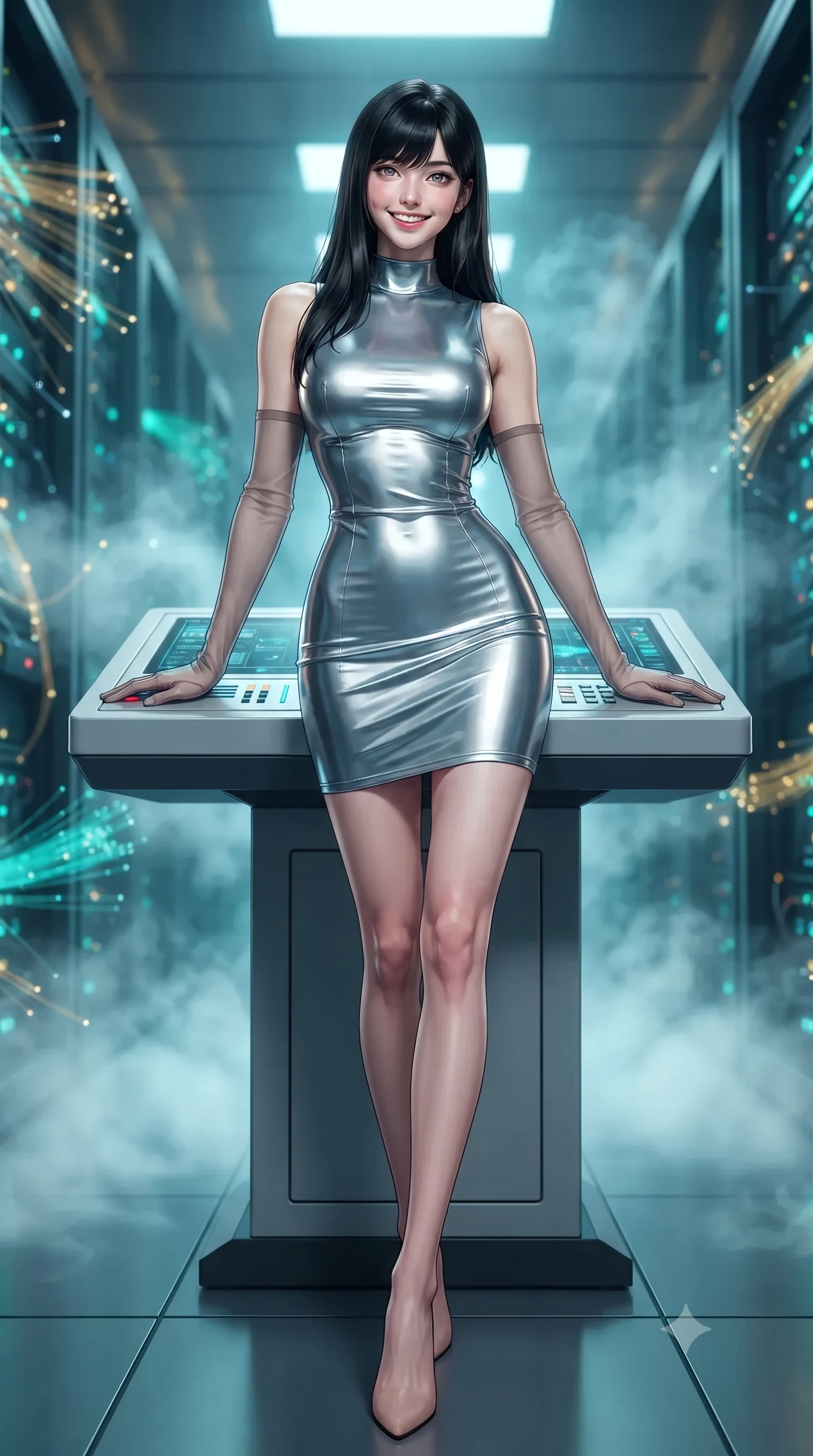 score_9, masterpiece, best quality, ultra-detailed, high-budget anime keyframe, editorial fashion photography, tasteful artistic composition, Caucasian woman. low angle full-body shot from head to toe showing her feet, filling the entire 9:16 vertical frame with her statuesque presence, stretching her vertical silhouette. stepping forward in a confident stride, her long slender legs and curvaceous hips creating a dynamic, sweeping vertical line while lounging gracefully against the central diagnostic console propped on one elbow with legs extended, displaying her long slender limbs and statuesque hourglass silhouette. The background shows a soft-focus infinite vertical server racks pulsing with turquoise and gold fiber optics, swirling cryogenic mist, and distant cooling turbines blurred into sapphire, emerald, and topaz bokeh. She has an exceptionally tall and slender model-like 8.5-heads proportion, an ultra-slim waist, a flat toned midriff, narrow delicate ribcage, and beautifully sculpted feminine hips creating a graceful, slim hourglass silhouette without any bulky heaviness, with impossibly long slender legs. sharp v-shaped jawline, high-bridge nose, intricate jewel-like sparkling eyes with depth, thick eyelashes, glossy parted lips with a natural peach sheen, bright cheerful beaming smile with an enchanting and coquettish sensual glint, exuding both youthful cute charm and seductive allure, flawlessly proportioned anatomical accuracy, strict slender model proportions, natural body alignment, perfectly sculpted long slender limbs, ultra-slim waistline, clean dynamic posture without body distortion. wearing a liquid chrome second-skin bodycon knit dress hugging every curve of her hourglass frame with metallic luster in Shackleton lunar ice silver and Earthrise cobalt, crafted from bespoke double-faced cashmere with an exceptionally soft tactile finish, complemented by sheer opera-length evening gloves tracing her slender arms, the bespoke structured tailoring following the natural line of her 8.5-heads silhouette with refined elegance. illuminated by glass gantry reflection bounce and sharp laser-cyan rim lights defining her razor-sharp jawline, narrow waist, and curvy hips. ultra-reflective glossy finish, specular highlights, rich textural contrasts, high-contrast stereoscopic depth, volumetric dynamic lighting, 2k, ultra detail, master piece, 9:16 ratio