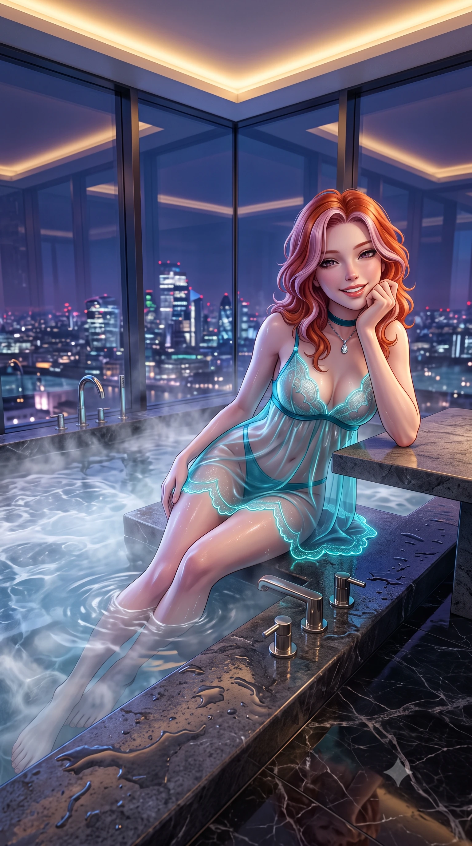 score_9, masterpiece, best quality, ultra-detailed, high-budget anime keyframe, semi-realistic 3D game render, editorial fashion photography, tasteful artistic composition, Caucasian woman. close-up cowboy shot from the waist and thighs up, the character dominates the composition, filling the frame with her large presence. resting one elbow on the table and supporting her chin, leaning close to the camera with heavy-lidded sparkling eyes and parted lips while lounging in the steaming water propped on the dark stone rim with legs extended, her statuesque 8.5-heads silhouette commanding the metropolis. The surrounding environment is rendered in vivid detail and crisp panoramic clarity: sharp structural glass corner bevels, honed black marble floor veining, and polished nickel tap fittings in deep focus. She has an exceptionally elegant, slender, and willowy female figure with an ultra-slim waist, flat toned midriff, narrow ribcage, and sculpted feminine hips creating an alluring, slim hourglass silhouette without bulk. sharp v-shaped jawline, high-bridge nose, intricate jewel-like sparkling eyes with depth, thick eyelashes, glossy parted lips with a natural peach sheen, bright cheerful beaming smile with an enchanting and coquettish sensual glint, exuding both youthful cute charm and seductive allure, flawlessly proportioned anatomical accuracy, strict slender model proportions, natural body alignment, perfectly sculpted long slender limbs, ultra-slim waistline, clean dynamic posture without body distortion. wearing a translucent liquid-latex trimmed sheer lace babydoll with delicate fiber-optic trim along the scalloped hem in Mediterranean bioluminescent teal and radiant pearl, woven from buttery-soft stretch lambskin leather adhering to her body like a second skin, finished with a thin velvet ribbon choker and a single teardrop diamond pendant, the form-contouring silhouette accentuating her sculpted flat midriff, narrow delicate ribcage, and gracefully curvy hips with intoxicating allure. bathed in the cool ambient glow of the illuminated London skyline mixed with warm 2800K recessed cove downlights. highly saturated vibrant anime colors, detailed shading with soft gradients, rich glossy textures, high-contrast stereoscopic depth, volumetric dynamic lighting, master piece, 9:16 ratio