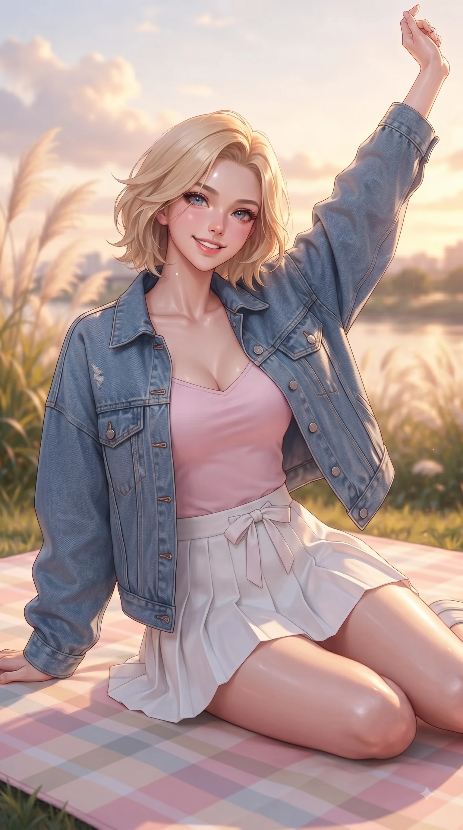 score_9, masterpiece, best quality, ultra-detailed, high-budget anime keyframe, editorial fashion photography, tasteful artistic composition, Caucasian woman. close-up cowboy shot from the waist and thighs up, the character dominates the composition, filling the frame with her large presence. Extending one arm in an elegant stretch toward the light while smiling with vibrant, youthful self-assurance while sitting gracefully on a pastel checkered picnic mat on a green riverfront lawn during golden hour. The composition keeps background elements in soft focus with dreamy bokeh. swaying pampas grass and glowing sunset clouds softened in a dreamy background focus. She has an exceptionally elegant, slender, and willowy female figure with an ultra-slim waist, a gracefully sculpted slender torso, and a refined silhouette. sharp v-shaped jawline, high-bridge nose, intricate jewel-like eyes with depth, thick eyelashes, glossy lips with a natural sheen, flawlessly proportioned anatomical accuracy, natural body alignment, perfectly sculpted elegant limbs, clean dynamic posture without body distortion. wearing a trendy oversized denim jacket over a soft pastel pink camisole and white pleated mini skirt in cherry blossom pink and soft beige, made of comfortable premium stretch denim and soft jersey, accented with a dainty waist ribbon bow, the soft airy drape swaying gracefully with her dynamic movements. surrounded by a serene, uplifting, and romantic park ambiance. ultra-reflective glossy finish, specular highlights, metallic sheen, high-contrast stereoscopic depth, volumetric dynamic lighting, 2k, ultra detail, master piece, 9:16 ratio