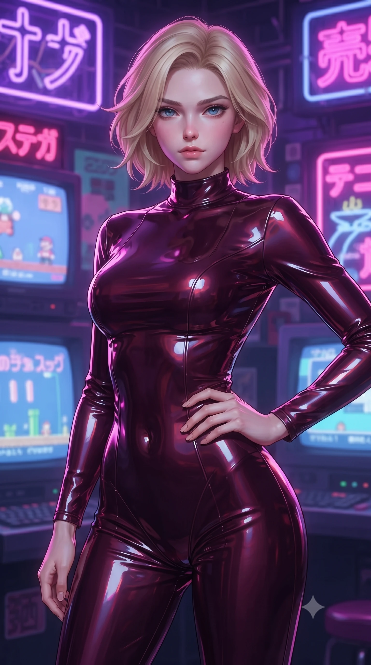 score_9, masterpiece, best quality, ultra-detailed, high-budget anime keyframe, editorial fashion photography, tasteful artistic composition, Caucasian woman woman. close-up cowboy shot from the waist and thighs up, the character dominates the composition, filling the frame with her large presence, background elements kept in soft focus. She has an exceptionally elegant, slender, and willowy female figure with an ultra-slim waist, a gracefully sculpted slender torso, and a refined silhouette. holding a confident power pose with one hand on her hip, looking directly into the camera with quiet self-assurance, flawlessly proportioned anatomical accuracy, natural body alignment, perfectly sculpted elegant limbs, clean dynamic posture without body distortion. set against a soft-focus background of a retro cyber arcade filled with glowing CRT screens and neon signs. wearing a form-fitting dark burgundy vinyl bodycon outfit with a high collar line. bathed in strobing violet and electric pink neon lights refracting on her outfit. ultra-reflective glossy finish, specular highlights, metallic sheen, high-contrast stereoscopic depth, volumetric dynamic lighting, 2k, ultra detail, master piece, 9:16 ratio