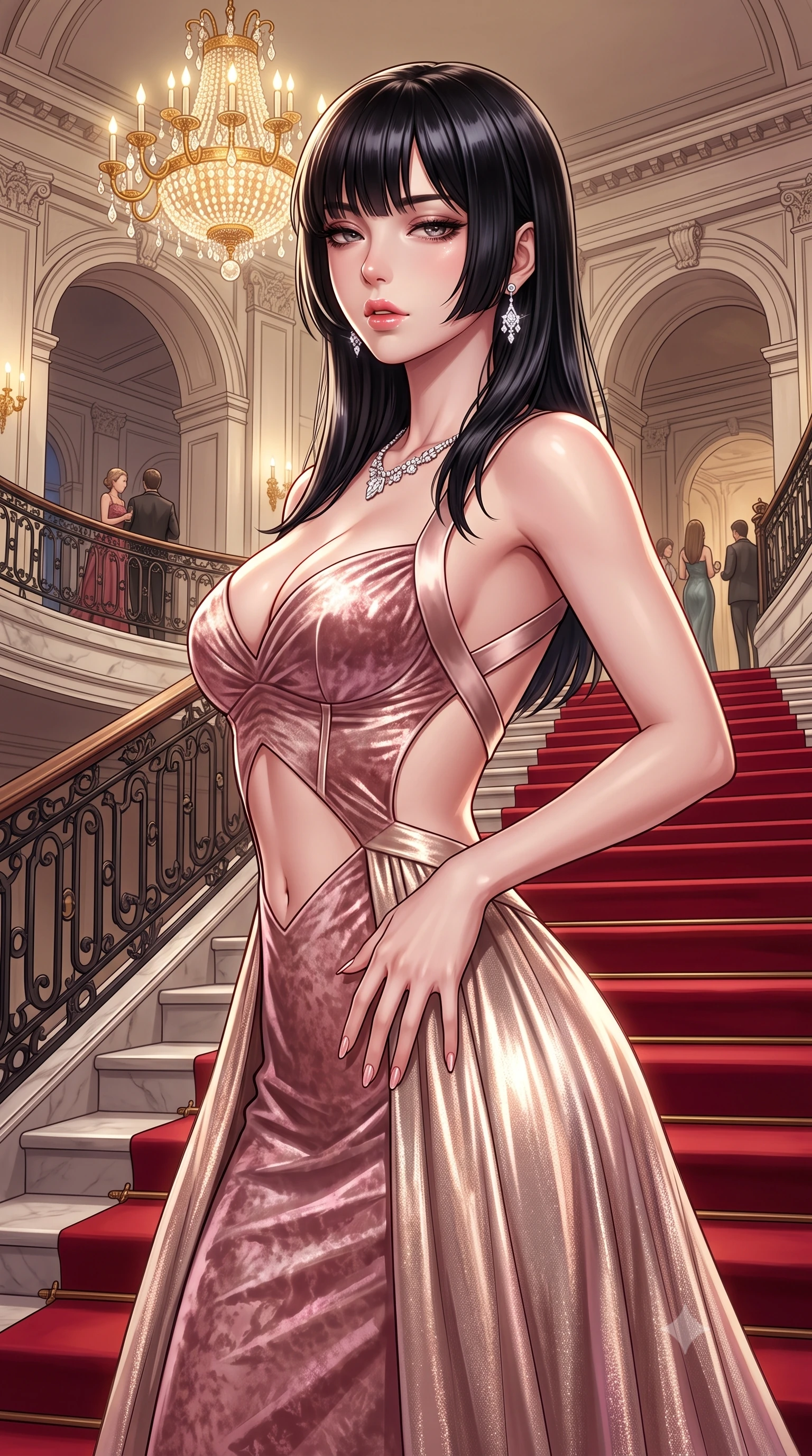 score_9, masterpiece, best quality, ultra-detailed, high-budget anime keyframe, semi-realistic 3D game render, editorial fashion photography, tasteful artistic composition, Caucasian woman. close-up cowboy shot from the waist and thighs up, the character dominates the composition, filling the frame with her large presence. resting one manicured hand delicately on her hip bone, her upper body turning in a fluid, seductive S-curve while parted lips glisten in the light while descending the sweeping crimson-carpeted marble staircase with sovereign supermodel poise, hips swaying in an alluring rhythm that accentuates her curvy silhouette. The surrounding environment is rendered in vivid detail and crisp panoramic clarity. detailed sequin gown shimmer, diamond jewelry sparkle, and classical archway moldings in high clarity. She has an exceptionally elegant, slender, and willowy female figure with an ultra-slim waist, flat toned midriff, narrow ribcage, and sculpted feminine hips creating an alluring, slim hourglass silhouette without bulk. sharp v-shaped jawline, high-bridge nose, intricate jewel-like eyes with depth, thick eyelashes, glossy parted lips with a natural sheen, intensely captivating and seductive bedroom-eyes expression, flawlessly proportioned anatomical accuracy, strict slender model proportions, natural body alignment, perfectly sculpted long slender limbs, ultra-slim waistline, clean dynamic posture without body distortion. wearing a deep sweetheart neckline crushed velvet corseted ballgown with an exposed midriff cutout in dusky blush rose and champagne shimmer, crafted from luxurious metallic lamé that shifts radiance with every step, finished with criss-cross back satin straps highlighting her graceful shoulder blades, the precision-cut side openings and low-back scoop framing her graceful spine and the sensual sweep of her slim, toned hips. bathed in opulent golden crystal chandelier downlights contrasting with warm carpet bounce fill. highly saturated vibrant anime colors, detailed shading with soft gradients, rich glossy textures, high-contrast stereoscopic depth, volumetric dynamic lighting, master piece, 9:16 ratio