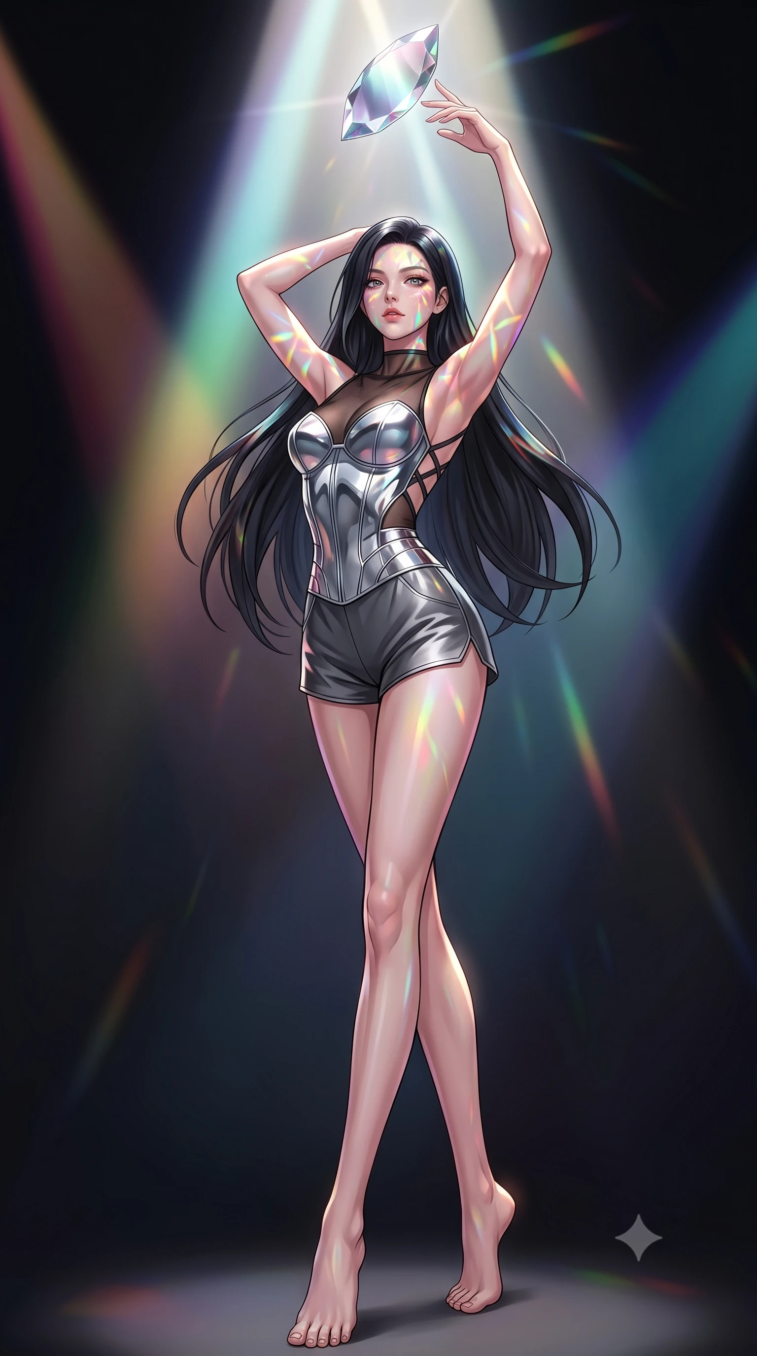 score_9, masterpiece, best quality, ultra-detailed, high-budget anime keyframe, editorial fashion photography, tasteful artistic composition, Korean woman. low angle full-body shot from head to toe showing her feet, filling the entire 9:16 vertical frame with her statuesque presence, stretching her vertical silhouette. performing an athletic mid-air rotation with flawless poise, her vertical silhouette beautifully stretched while reaching out to touch a hovering mirror petal catching bright studio spotlights, a kaleidoscope of refractions forming geometric light patterns on her skin. She has an absolutely perfect, statuesque 8.5-heads proportion, an exceptionally tall and slender model-like female figure with impossibly long slender legs and an ultra-slim waist. sharp v-shaped jawline, high-bridge nose, intricate jewel-like eyes with depth, thick eyelashes, glossy lips with a natural sheen, flawlessly proportioned anatomical accuracy, natural body alignment, perfectly sculpted elegant limbs, clean dynamic posture without body distortion. wearing a chrome-plated structured bodice worn over a sheer mesh top and micro-shorts in charcoal grey and platinum, crafted from smooth liquid silk, complemented by criss-cross back straps highlighting her bare shoulders, the form-contouring material highlighting her ultra-slim waist and long lines. illuminated by high-contrast studio spotlights with sharp specular highlights. highly saturated vibrant anime colors, detailed shading with soft gradients, rich glossy textures, high-contrast stereoscopic depth, volumetric dynamic lighting, master piece, 9:16 ratio