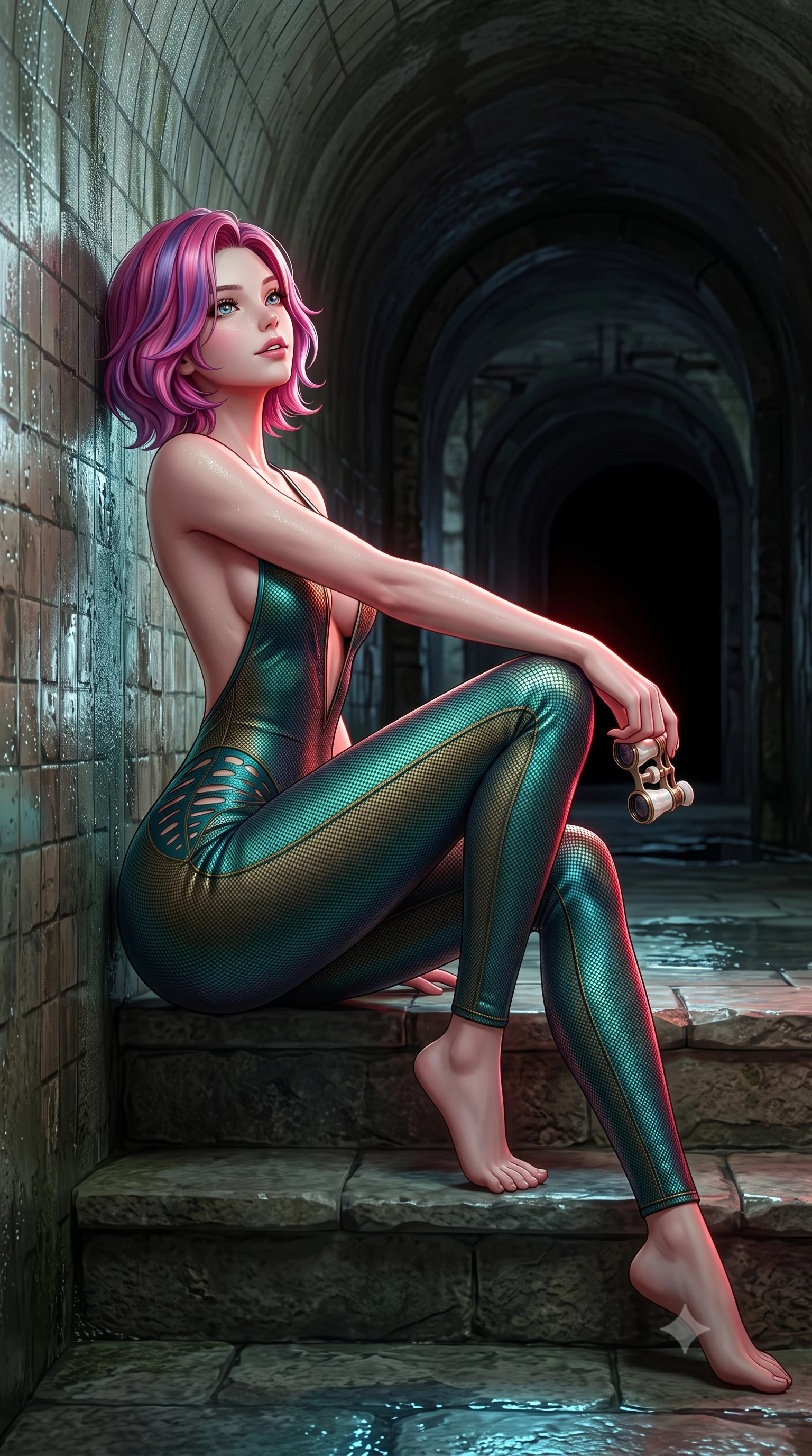 score_9, masterpiece, best quality, ultra-detailed, high-budget anime keyframe, semi-realistic 3D game render, editorial fashion photography, tasteful artistic composition, Caucasian woman. low angle full-body shot from head to toe showing her feet, filling the entire 9:16 vertical frame with her statuesque presence, stretching her vertical silhouette. sitting poised on the stone steps with one knee bent, arching her spine with supermodel elegance as she glances upward through thick eyelashes while leaning against the weathered tiled tunnel wall with hips cocked back, looking into the darkness with an alluring, parted-lip smile. The surrounding environment is rendered in vivid detail and crisp panoramic clarity: detailed stretch tactical knit cling, dewy condensation on skin, and subterranean tunnel architecture in razor-sharp precision. She has an absolutely perfect, statuesque 8.5-heads proportion, an exceptionally tall and slender model-like female figure with impossibly long slender legs, an ultra-slim waist, a flat toned midriff, narrow delicate ribcage, and beautifully sculpted feminine hips creating a graceful, slim hourglass silhouette without any bulky heaviness. sharp v-shaped jawline, high-bridge nose, sparkling eyes with hypnotic seductive depth, thick curled eyelashes, glossy parted lips with a natural dewy peach sheen, alluring bedroom-eyes with an enchanting coquettish smile, exuding magnetic siren charisma and sophisticated glamour, flawlessly proportioned anatomical accuracy, strict slender model proportions, natural body alignment, perfectly sculpted long slender limbs, ultra-slim waistline, clean dynamic posture without body distortion. wearing a backless plunge-front second-skin stealth jumpsuit with fluid tapered legs and laser-cut hip ventilation in iridescent peacock teal and burnished antique brass, made of semi-opaque stretch illusion mesh with soft shadowy contours, accented with an antique mother-of-pearl opera glass held casually in one hand, the second-skin tailored fabric adhering flawlessly to her sculpted flat midriff and slender torso, emphasizing her long leg lines and perfectly proportioned willowy build. illuminated by wet track puddle bounce and sharp deep-red rim lights sculpting her jawline, flat midriff, and voluptuous hip curves. highly saturated vibrant anime colors, detailed shading with soft gradients, rich glossy textures, high-contrast stereoscopic depth, volumetric dynamic lighting, master piece, 9:16 ratio