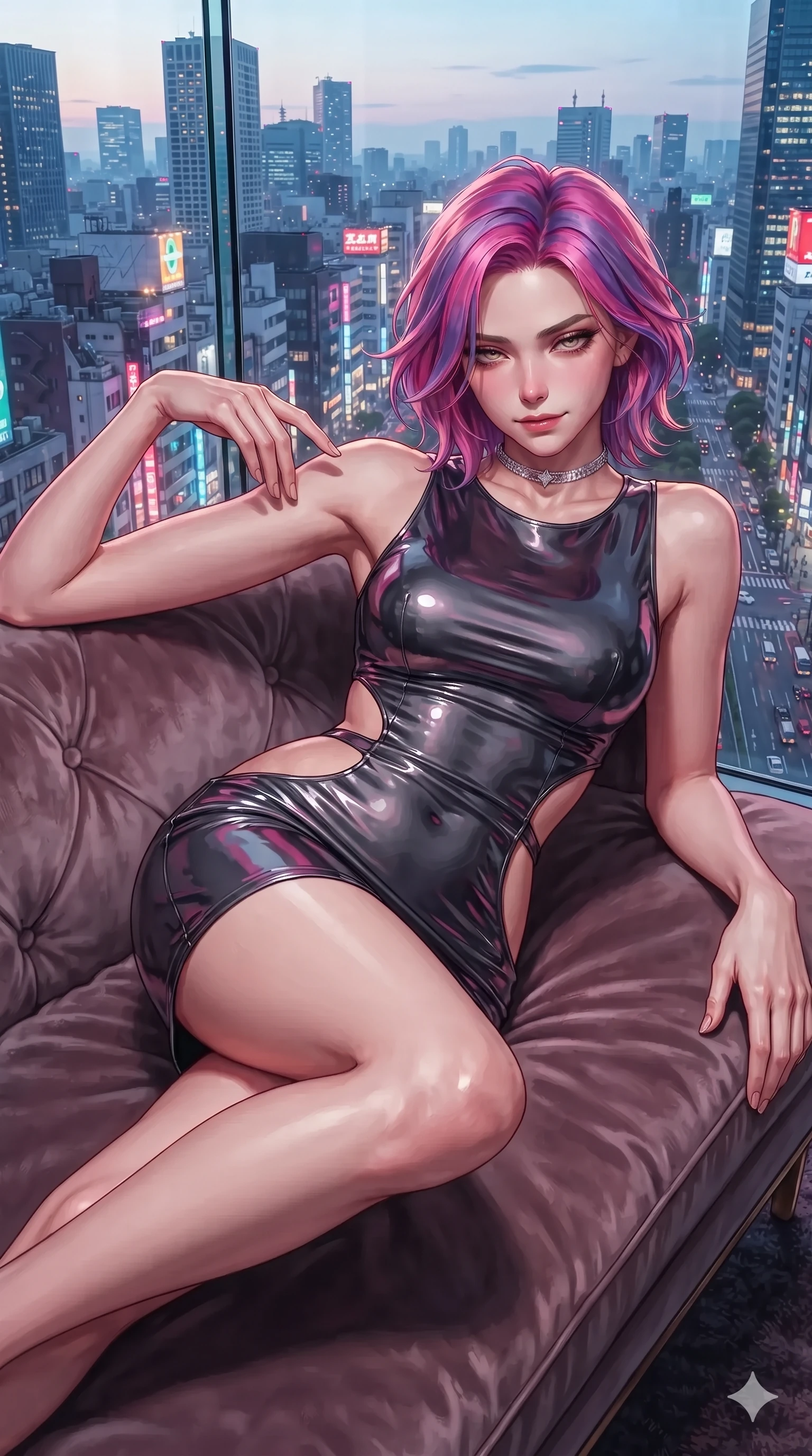 score_9, masterpiece, best quality, ultra-detailed, high-budget anime keyframe, editorial fashion photography, tasteful artistic composition, Caucasian woman. close-up cowboy shot from the waist and thighs up, the character dominates the composition, filling the frame with her large presence. glancing down over lowered lashes before meeting the camera with quiet, devastating intensity, her tailored outfit tracing her ultra-slim waist and hips while lounging on her side propped on one elbow with legs crossed, looking directly into the camera with heavy-lidded, seductive bedroom-eyes. The surrounding environment is rendered in vivid detail and crisp panoramic clarity: detailed cropped bodice top cling, ultra-fitted leather trousers, and Tokyo megalopolis panorama in razor-sharp precision. She has an exceptionally elegant, slender, and willowy female figure with an ultra-slim waist, flat toned midriff, narrow ribcage, and sculpted feminine hips creating an alluring, slim hourglass silhouette without bulk. sharp v-shaped jawline, high-bridge nose, intricate jewel-like dark sparkling eyes with dangerous depth, thick curled eyelashes, glossy parted lips with a rich wine sheen, smoldering seductive half-smile with bedroom-eyes, exuding effortless superiority and intoxicating dark allure, flawlessly proportioned anatomical accuracy, strict slender model proportions, natural body alignment, perfectly sculpted long slender limbs, ultra-slim waistline, clean dynamic posture without body distortion. wearing a liquid-look wet vinyl micro-mini dress clinging like a second skin with hip-high side cutouts in wet asphalt charcoal and neon magenta reflections, tailored from smooth liquid silk satin that clings smoothly to her narrow waist and rounded hips with a dewy sheen, finished with a delicate diamond choker catching the chandelier light, the bespoke structured tailoring following the natural line of her 8.5-heads silhouette with refined elegance. illuminated by city light haze bounce and sharp golden-amber rim lights defining her razor-sharp jawline, narrow waist, and curvy hips. ultra-reflective glossy finish, specular highlights, rich textural contrasts, high-contrast stereoscopic depth, volumetric dynamic lighting, 2k, ultra detail, master piece, 9:16 ratio