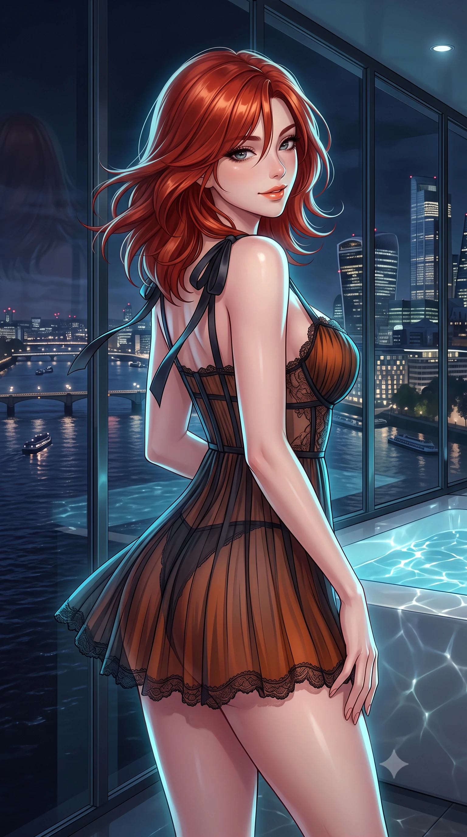 score_9, masterpiece, best quality, ultra-detailed, high-budget anime keyframe, semi-realistic 3D game render, editorial fashion photography, tasteful artistic composition, Korean woman. close-up cowboy shot from the waist and thighs up, the character dominates the composition, filling the frame with her large presence. turning slowly with an enchanting smoldering smile, her glossy hair tossing in the breeze as her hips angle gracefully in a captivating contrapposto while leaning against the floor-to-ceiling glass wall with hips cocked back, casting an intoxicating smoldering bedroom-gaze over the midnight Thames. The surrounding environment is rendered in vivid detail and crisp panoramic clarity: detailed sculpted underwire corset in sheer British lace, exposed boning, sheer pencil skirt slit, and modern skyscraper architecture in high resolution. She has an exceptionally elegant, slender, and willowy female figure with an ultra-slim waist, flat toned midriff, narrow ribcage, and sculpted feminine hips creating an alluring, slim hourglass silhouette without bulk. sharp v-shaped jawline, high-bridge nose, intricate jewel-like sparkling eyes with depth, thick eyelashes, glossy parted lips with a natural peach sheen, bright cheerful beaming smile with an enchanting and coquettish sensual glint, exuding both youthful cute charm and seductive allure, flawlessly proportioned anatomical accuracy, strict slender model proportions, natural body alignment, perfectly sculpted long slender limbs, ultra-slim waistline, clean dynamic posture without body distortion. wearing a form-contouring sheer pleated georgette baby-doll slip with plunging sweetheart neckline and scalloped lace trim in Lofoten midnight obsidian and warm hearth copper, woven from fine semi-opaque stretch illusion mesh tracing her slender contours, finished with satin ribbon ties at the shoulders fluttering in the gentle breeze, the form-contouring silhouette accentuating her sculpted flat midriff, narrow delicate ribcage, and gracefully curvy hips with intoxicating allure. illuminated by tub water caustics bounce and sharp platinum-cyan rim lights sculpting her razor-sharp jawline, narrow waist, and curvy hips. highly saturated vibrant anime colors, detailed shading with soft gradients, rich glossy textures, high-contrast stereoscopic depth, volumetric dynamic lighting, master piece, 9:16 ratio