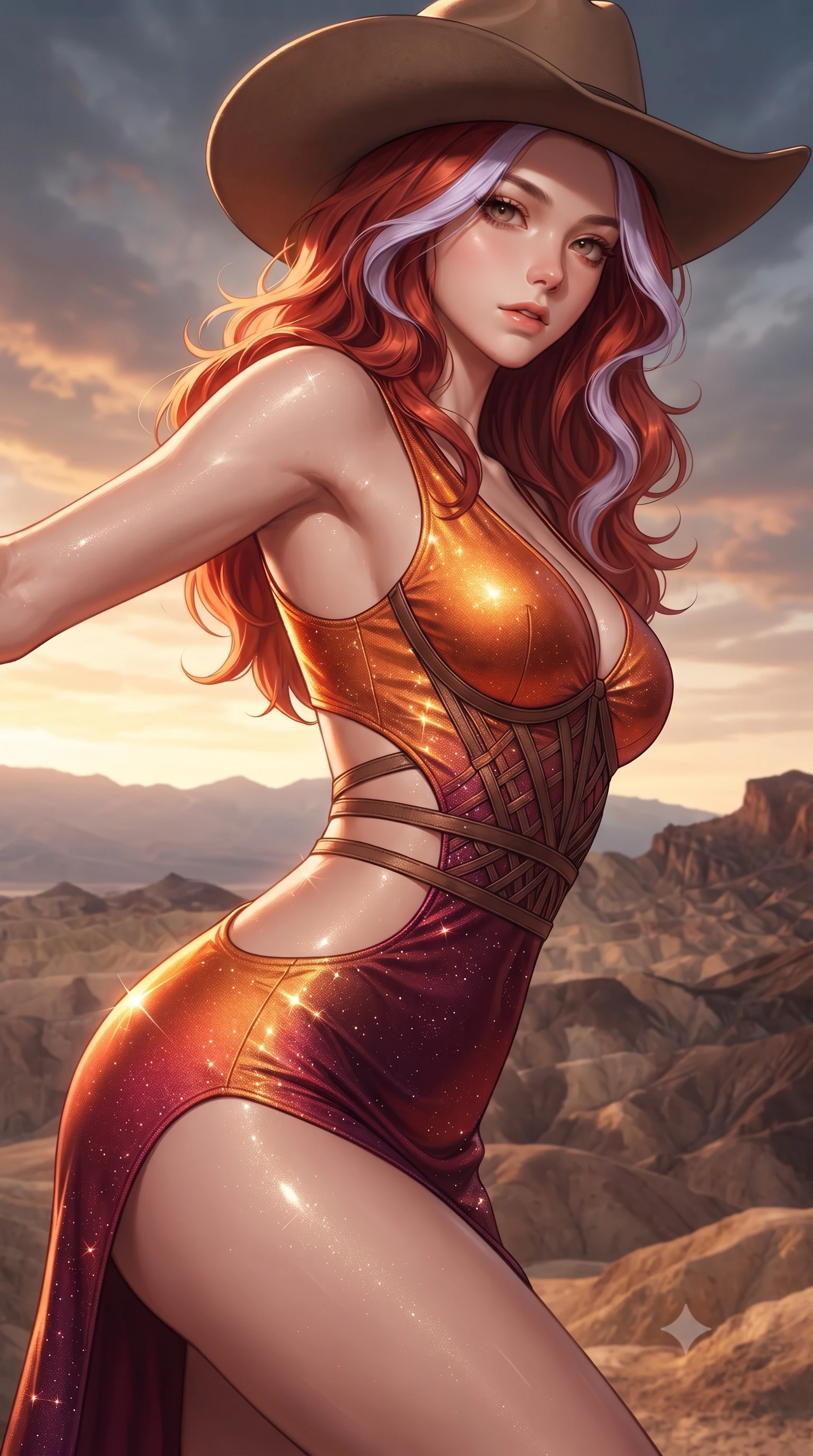 score_9, masterpiece, best quality, ultra-detailed, high-budget anime keyframe, editorial fashion photography, tasteful artistic composition, Caucasian woman. close-up cowboy shot from the waist and thighs up, the character dominates the composition, filling the frame with her large presence. leaning forward while arching her lower back to accentuate her curvy hips, looking into the camera with an intoxicating smoldering gaze and bedroom-eyes while twisting her slender torso in an alluring contrapposto stance, shimmering heat mirages tracing her sculpted flat midriff and curvy hips. The surrounding environment is rendered in vivid detail and crisp panoramic clarity: detailed strappy leather bustier weave, glistening sunlit skin highlights, and Death Valley topography in razor-sharp resolution. She has an exceptionally elegant, slender, and willowy female figure with an ultra-slim waist, flat toned midriff, narrow ribcage, and sculpted feminine hips creating an alluring, slim hourglass silhouette without bulk. sharp v-shaped jawline, high-bridge nose, sparkling eyes with hypnotic seductive depth, thick curled eyelashes, glossy parted lips with a natural dewy peach sheen, alluring bedroom-eyes with an enchanting coquettish smile, exuding magnetic siren charisma and sophisticated glamour, flawlessly proportioned anatomical accuracy, strict slender model proportions, natural body alignment, perfectly sculpted long slender limbs, ultra-slim waistline, clean dynamic posture without body distortion. wearing a liquid metallic lamé one-piece swim dress clinging like a second skin with hip-high side cutouts in blazing desert sunset orange and deep canyon crimson, woven from stretch metallic lurex jersey casting radiant starlight glints across her silhouette, finished with a wide-brimmed felt cowboy hat tipped back to frame her face and long glossy hair, the form-contouring silhouette accentuating her sculpted flat midriff, narrow delicate ribcage, and gracefully curvy hips with intoxicating allure. illuminated by ground salt reflection fill and sharp white-gold rim lights defining her delicate clavicles, narrow waist, and curvy hips. ultra-reflective glossy finish, specular highlights, rich textural contrasts, high-contrast stereoscopic depth, volumetric dynamic lighting, 2k, ultra detail, master piece, 9:16 ratio