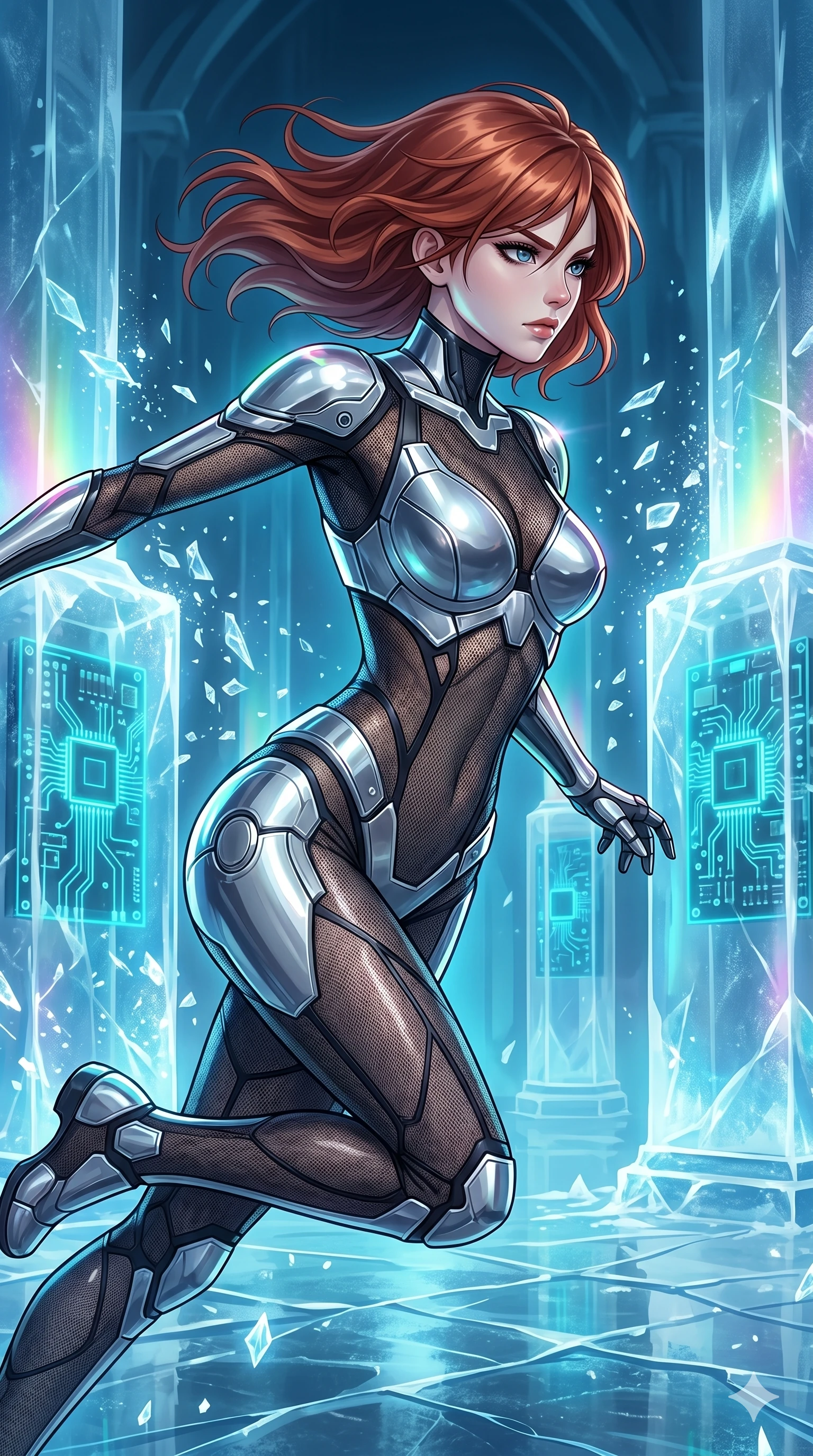 score_9, masterpiece, best quality, ultra-detailed, high-budget anime keyframe, Caucasian woman, strictly human ears. upper body close-up from the thighs up, character filling the screen for maximum presence. leaping inside a sub-zero cybernetic ice temple, where glowing neon cyan computer circuit boards are frozen within transparent ice pillars, fracturing ice crystals into sparkles around her. She has an absolutely perfect 8-heads proportion, an exceptionally tall and slender female figure with impossibly long slender legs and an ultra-slim waist. V-shaped jawline, high-bridge nose, intricate jewel-like eyes with depth, thick eyelashes, glossy lips with a natural sheen.. wearing a bionic chrome plate bodysuit, featuring silver chrome plates covering the bust and hips, connected by sheer black mesh panels. enhanced by a luminous pastel spectrum glow, casting elegant rim lights on her shoulders and jawline. 2k, ultra detail, master piece, 9:16 ratio