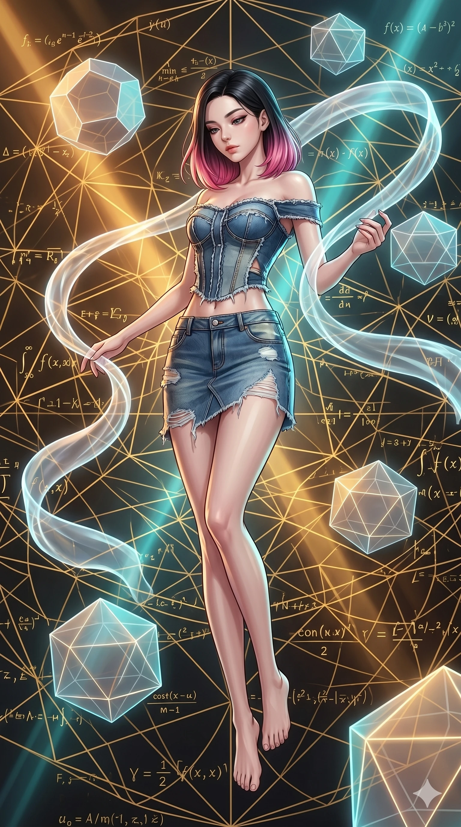 score_9, masterpiece, best quality, ultra-detailed, high-budget anime keyframe, Korean woman. low angle full-body shot filling the entire 9:16 frame with her statuesque presence, stretching the vertical silhouette. floating gracefully in a mathematical mandala void filled with golden geometric lines of complex formulas, holding a translucent ribbon as she glides between floating regular polyhedrons. She has an absolutely perfect 8-heads proportion, an exceptionally tall and slender female figure with impossibly long slender legs and an ultra-slim waist. V-shaped jawline, high-bridge nose, intricate jewel-like eyes with depth, thick eyelashes, glossy lips with a natural sheen.. wearing a deconstructed denim corset and an asymmetric ripped denim micro-skirt, showcasing a rugged yet chic off-shoulder style. showcasing a beautiful play of light and shadow, with warm golden rays clashing against cool cyan highlights. 2k, ultra detail, master piece, 9:16 ratio