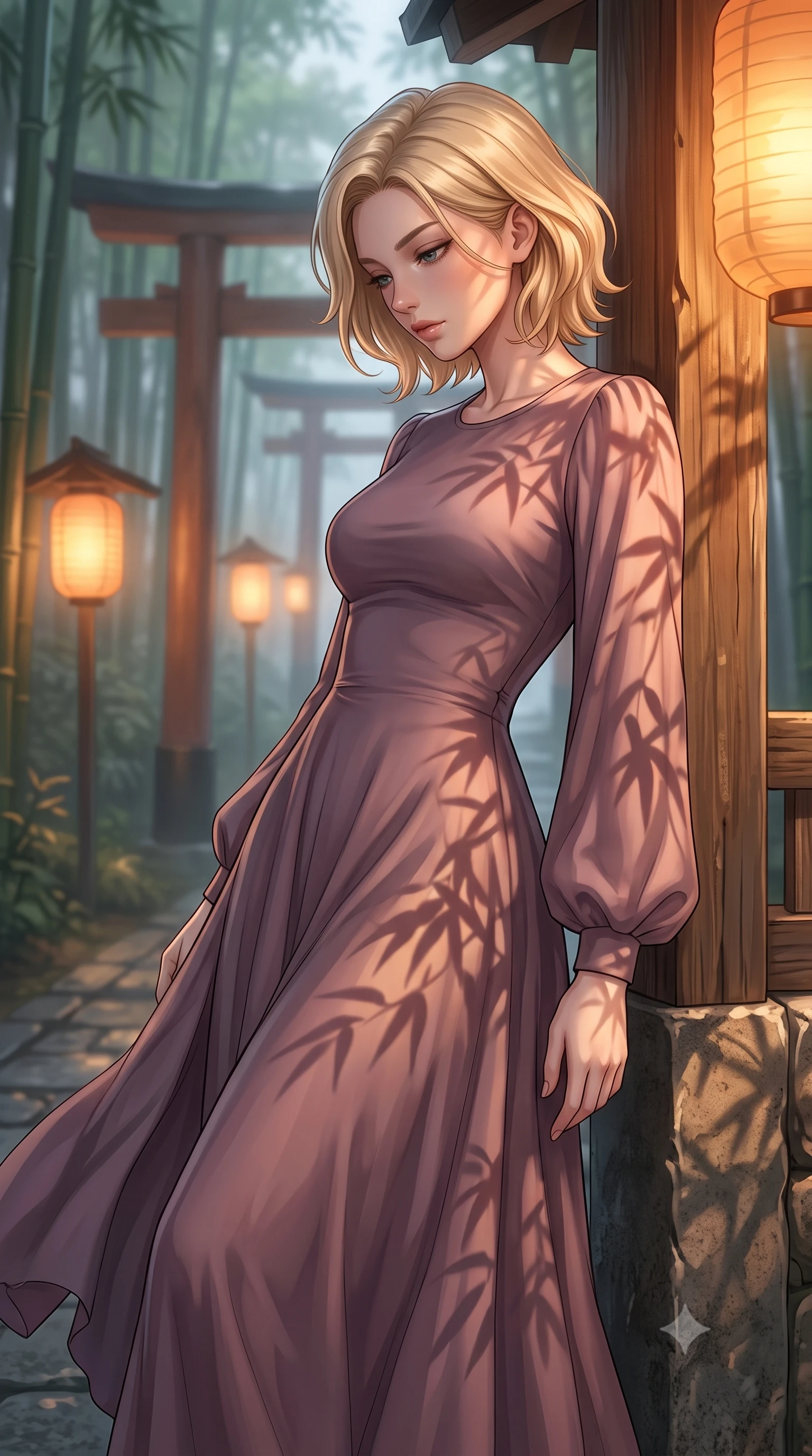 score_9, masterpiece, best quality, ultra-detailed, high-budget anime keyframe, editorial fashion photography, tasteful artistic composition, Caucasian woman woman. close-up cowboy shot from the waist and thighs up, the character dominates the composition, filling the frame with her large presence, background elements kept in soft focus. She has an exceptionally elegant, slender, and willowy female figure with an ultra-slim waist, a gracefully sculpted slender torso, and a refined silhouette. leaning back effortlessly against the surrounding architecture with an air of magnetic superiority, flawlessly proportioned anatomical accuracy, natural body alignment, perfectly sculpted elegant limbs, clean dynamic posture without body distortion. set against a soft-focus background of a misty bamboo torii shrine path with glowing paper lanterns. wearing a serene dusty mauve chiffon maxi dress with long bishop sleeves. bathed in warm amber lantern light casting soft organic bamboo leaf stencil shadows. highly saturated vibrant anime colors, detailed shading with soft gradients, rich glossy textures, high-contrast stereoscopic depth, volumetric dynamic lighting, master piece, 9:16 ratio