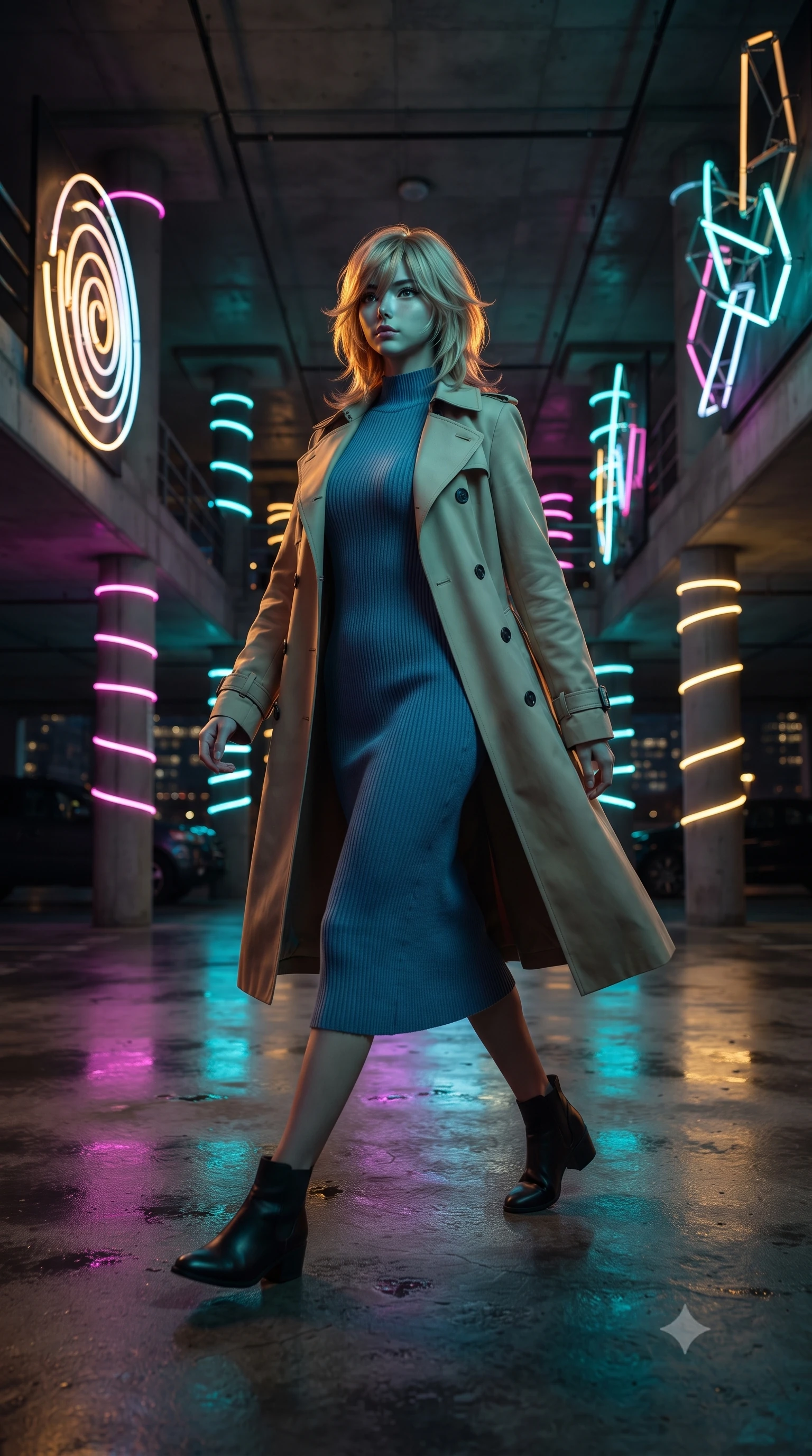 score_9, masterpiece, best quality, ultra-detailed, high-budget anime keyframe, editorial fashion photography, tasteful artistic composition, Japanese woman. low angle full-body shot from head to toe showing her feet, filling the entire 9:16 vertical frame with her statuesque presence, stretching her vertical silhouette. navigating with fluid motion through a multi-story parking garage transformed by contemporary art installations with every concrete column wrapped in programmable color-changing LED strips and neon tube art pieces casting vivid pools of light on glossy wet concrete. She has a statuesque 8.5-heads proportion, an exceptionally tall, slender and willowy model-like build with impossibly long legs and a highly sculpted ultra-slim waist. sharp v-shaped jawline, high-bridge nose, intricate jewel-like eyes with depth, thick eyelashes, glossy lips with a natural sheen. wearing a classic double-breasted beige trench coat layered over a French blue mock-neck ribbed midi dress. warm amber rim lighting combined with cool teal fill light creating dramatic contrast. 2k, ultra detail, master piece, 9:16 ratio