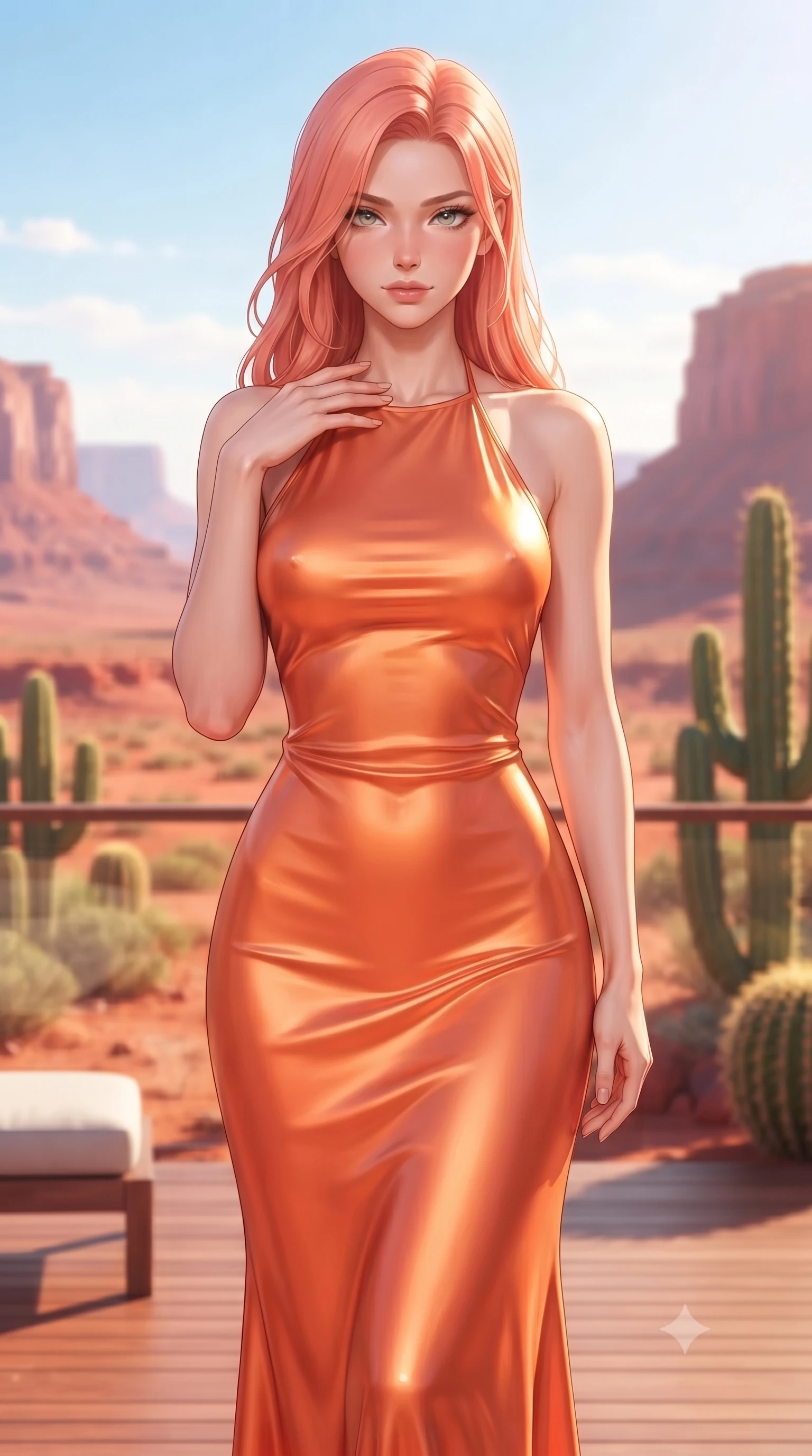 score_9, masterpiece, best quality, ultra-detailed, high-budget anime keyframe, editorial fashion photography, tasteful artistic composition, Japanese woman. close-up cowboy shot from the waist and thighs up, the character dominates the composition, filling the frame with her large presence, background elements kept in soft focus. standing with one hand resting on her collarbone, looking at the viewer with bedroom-eyes the background shows a soft-focus a private deck overlooking a red sand canyon at sunrise with clear skies. She has an exceptionally elegant, slender, and willowy female figure with an ultra-slim waist, a gracefully sculpted slender torso, and a refined silhouette. sharp v-shaped jawline, high-bridge nose, intricate jewel-like eyes with depth, thick eyelashes, glossy lips with a natural sheen. wearing a slim-fit form-fitting liquid silk halter-neck maxi dress in sunset orange, draped elegantly to highlight her slender frame. bright morning sun highlighting the red rocks and green cacti in vivid tones. ultra-reflective glossy finish, specular highlights, metallic sheen, high-contrast stereoscopic depth, volumetric dynamic lighting, 2k, ultra detail, master piece, 9:16 ratio
