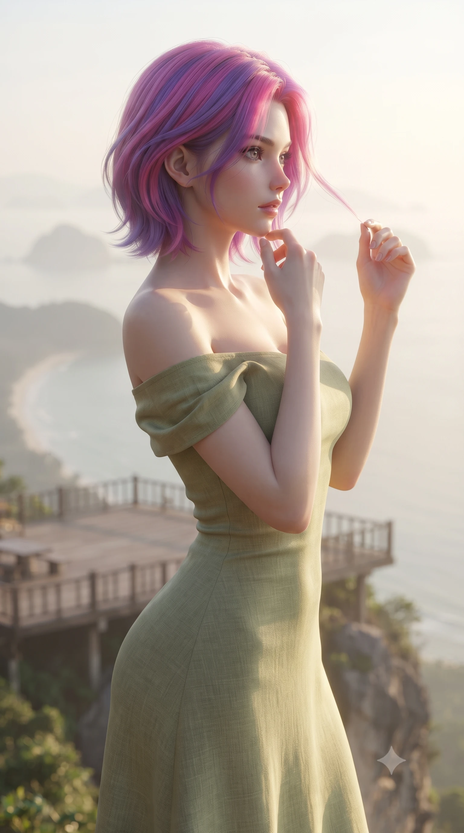 score_9, masterpiece, best quality, ultra-detailed, high-budget anime keyframe, editorial fashion photography, tasteful artistic composition, Caucasian woman woman. close-up cowboy shot from the waist and thighs up, the character dominates the composition, filling the frame with her large presence, background elements kept in soft focus. turning her face in sharp profile, casting a cold, mysterious, yet intensely sensual side gaze the background shows a soft-focus a wooden viewing deck perched on a high cliff overlooking a misty coastal bay. She has an exceptionally elegant, slender, and willowy female figure with an ultra-slim waist, a gracefully sculpted slender torso, and a refined silhouette. sharp v-shaped jawline, high-bridge nose, intricate jewel-like eyes with depth, thick eyelashes, glossy lips with a natural sheen. wearing a form-contouring flowy off-shoulder linen sundress in light olive green, draped softly over her shoulders. soft morning mist diffusing the golden sunlight, creating a dreamy glow. ultra-reflective glossy finish, specular highlights, metallic sheen, high-contrast stereoscopic depth, volumetric dynamic lighting, 2k, ultra detail, master piece, 9:16 ratio