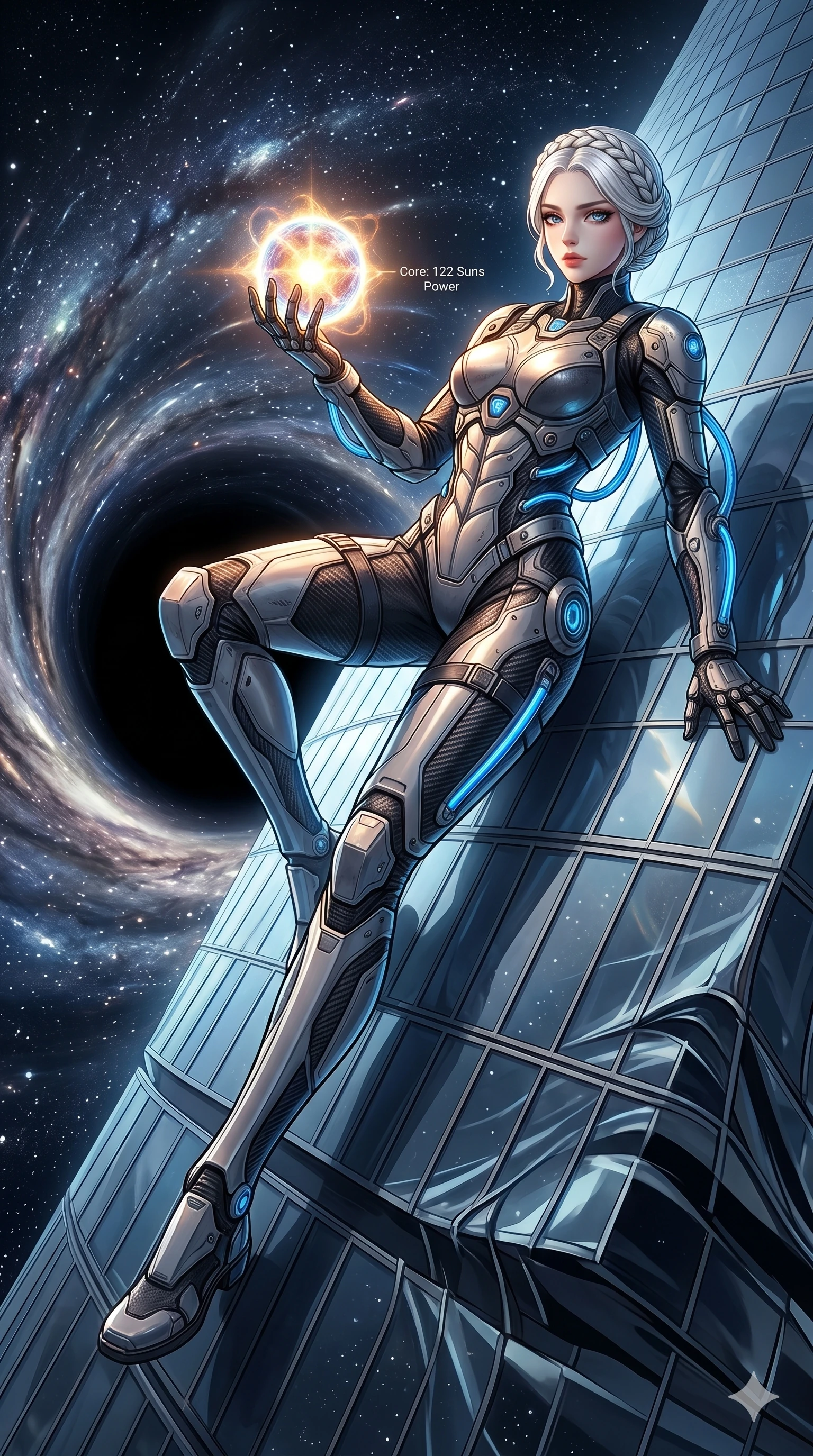 score_9, masterpiece, best quality, ultra-detailed, Set A: High-budget Anime Keyframe, Korean woman. Low angle cowboy shot filling the entire 9:16 frame with her statuesque presence. Theme: Historical Remix. sliding down a glass skyscraper in the edge of a black hole, holding a glowing core that hums with the power of 122 suns. The atmosphere is filled with a swirling vortex of stars. She has an absolutely perfect 8-heads proportion, an exceptionally tall and slender female figure with impossibly long slender legs and an ultra-slim waist. Sharp v-shaped jawline, high-bridge nose, intricate jewel-like eyes with depth, glossy lips. Wearing Interstellar pilot suit with glowing oxygen-tubes and a sleek carbon-fiber frame. Cinematic lighting, vivid colors, dramatic shadows, 2k, ultra detail, master piece, 9:16 ratio
