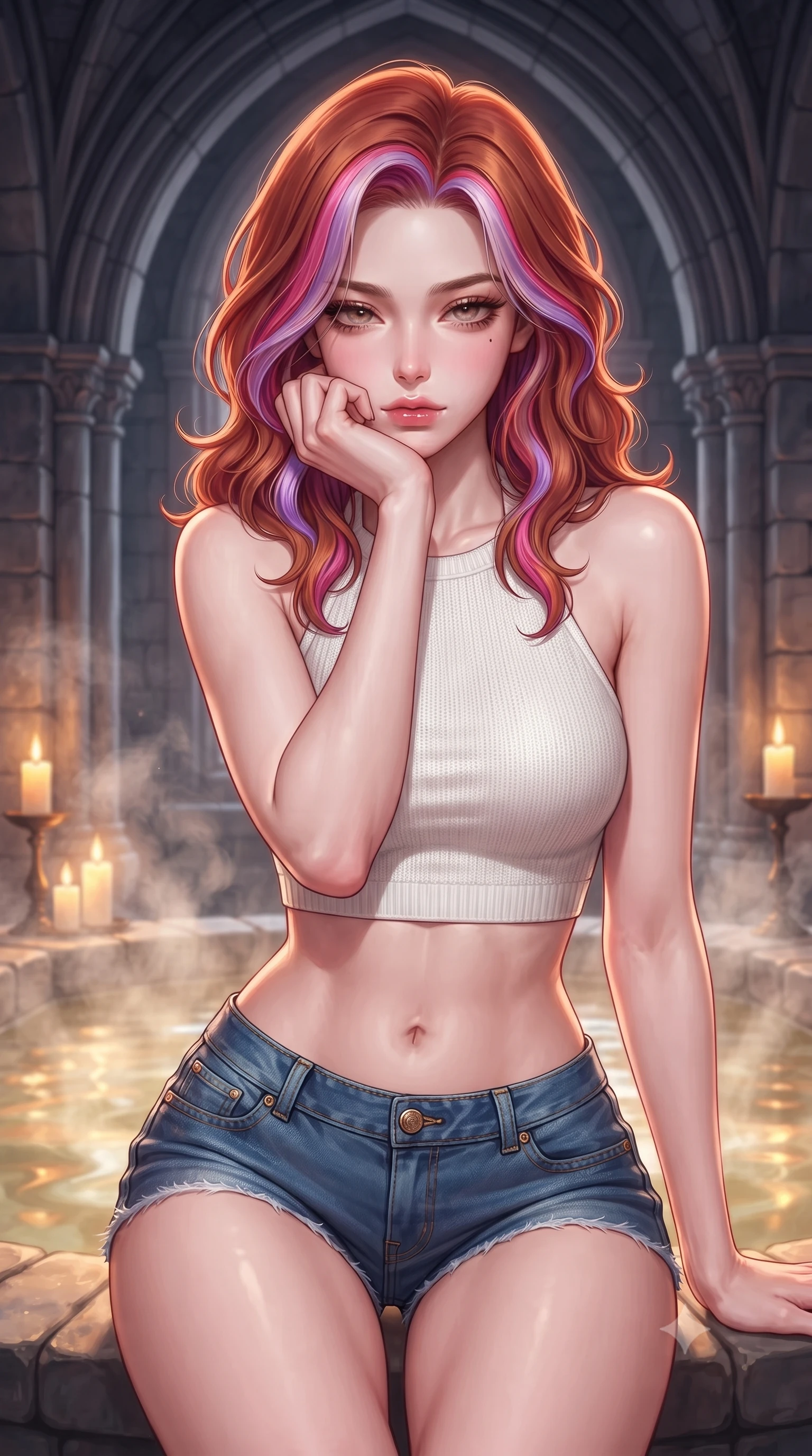 score_9, masterpiece, best quality, ultra-detailed, high-budget anime keyframe, editorial fashion photography, tasteful artistic composition, Caucasian woman. close-up cowboy shot from the waist and thighs up, the character dominates the composition, filling the frame with her large presence, background elements kept in soft focus. resting her chin on the backs of her fingers, casting a heavy-lidded, sultry look past the camera the background shows a soft-focus a private stone bath inside a gothic archway with rising warm mineral steam. She has an exceptionally elegant, slender, and willowy female figure with an ultra-slim waist, a gracefully sculpted slender torso, and a refined silhouette. sharp v-shaped jawline, high-bridge nose, intricate jewel-like eyes with depth, thick eyelashes, glossy lips with a natural sheen. wearing a tailored chic knit halter crop top paired with denim micro-shorts, showing her delicately sculpted midriff. warm candle stands casting a golden glow onto the steaming water. highly saturated vibrant anime colors, detailed shading with soft gradients, rich glossy textures, high-contrast stereoscopic depth, volumetric dynamic lighting, master piece, 9:16 ratio