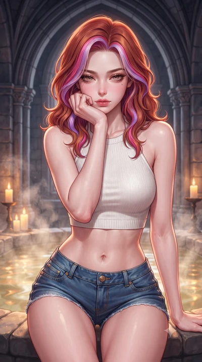 score_9, masterpiece, best quality, ultra-detailed, high-budget anime keyframe, editorial fashion photography, tasteful artistic composition, Caucasian woman. close-up cowboy shot from the waist and thighs up, the character dominates the composition,