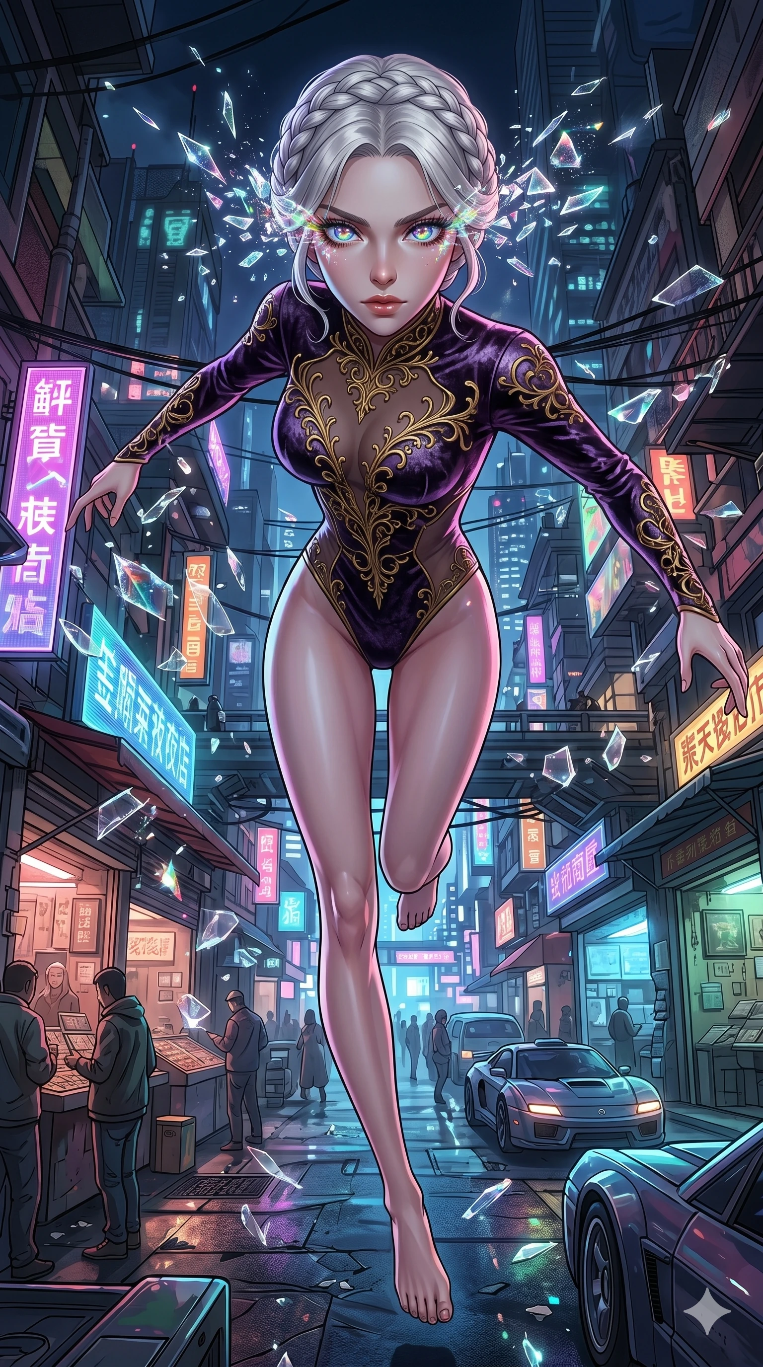 score_9, masterpiece, best quality, ultra-detailed, Set A: High-budget Anime Keyframe, Japanese woman. Low angle cowboy shot filling the entire 9:16 frame with her statuesque presence. Leaping through a futuristic night market, while her eyes glow with 170 different colors and surrounded by shattered glass fragments. She has an absolutely perfect 8-heads proportion, an exceptionally tall and slender female figure with impossibly long slender legs and an ultra-slim waist. Sharp v-shaped jawline, high-bridge nose, intricate jewel-like eyes with depth, thick eyelashes, glossy lips with a natural sheen. Wearing Crushed dark velvet bodysuit with golden filigree and sheer fabric transparency. Cinematic lighting, vibrant colors, dramatic shadows, 2k, ultra detail, master piece, 9:16 ratio