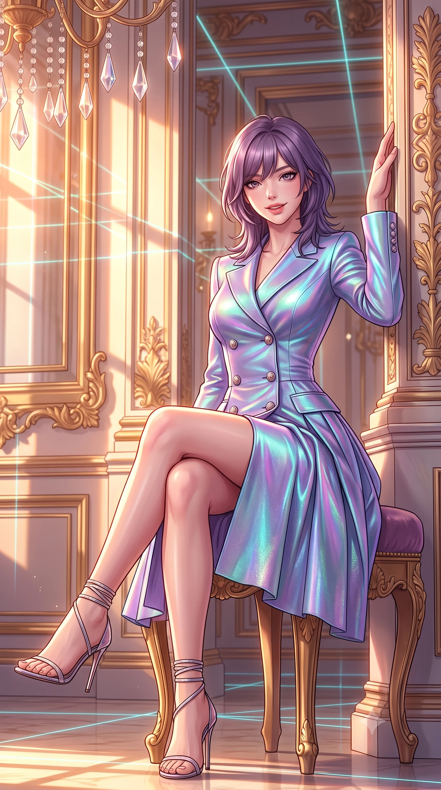 score_9, masterpiece, best quality, ultra-detailed, high-budget anime keyframe, semi-realistic 3D game render, editorial fashion photography, tasteful artistic composition, Japanese woman. low angle full-body shot from head to toe showing her feet, filling the entire 9:16 vertical frame with her statuesque presence, stretching her vertical silhouette. standing tall beside the architectural column, one hand resting high while arching her lower back to emphasize her sculpted feminine hips and slender waist while sitting gracefully on the velvet-upholstered gilded stool with legs crossed, flashing a playful, coquettish smile with parted glossy lips. The surrounding environment is rendered in vivid detail and crisp panoramic clarity: sharp crystal chandelier drops, recursive smart-mirror frame bevels, and gilded acanthus leaf carvings in deep focus. She has an exceptionally tall and slender model-like 8.5-heads proportion, an ultra-slim waist, a flat toned midriff, narrow delicate ribcage, and beautifully sculpted feminine hips creating a graceful, slim hourglass silhouette without any bulky heaviness, with impossibly long slender legs. sharp v-shaped jawline, high-bridge nose, intricate jewel-like sparkling eyes with depth, thick eyelashes, glossy parted lips with a natural peach sheen, bright cheerful beaming smile with an enchanting and coquettish sensual glint, exuding both youthful cute charm and seductive allure, flawlessly proportioned anatomical accuracy, strict slender model proportions, natural body alignment, perfectly sculpted long slender limbs, ultra-slim waistline, clean dynamic posture without body distortion. wearing a tailored double-breasted iridescent silk lamé coat dress with metallic button closures in Cheonggyecheon neon aqua and ultraviolet amethyst, tailored from high-density tech-wool with subtle metallic thread weave, complemented by strappy stiletto sandals with metallic ankle wraps accentuating her slender calves, the bespoke structured tailoring following the natural line of her 8.5-heads silhouette with refined elegance. bathed in the blinding golden hour 2800K palace sunset mixed with delicate cyan laser grid lines. highly saturated vibrant anime colors, detailed shading with soft gradients, rich glossy textures, high-contrast stereoscopic depth, volumetric dynamic lighting, master piece, 9:16 ratio