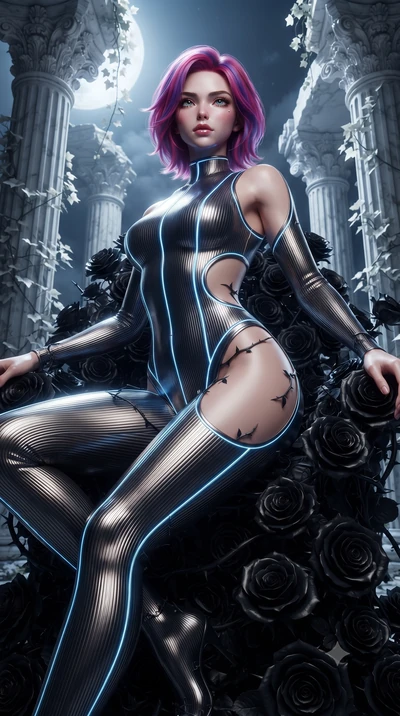 score_9, masterpiece, best quality, ultra-detailed, High-budget Anime Keyframe, editorial fashion photography, tasteful artistic composition, realistic cosplay photography, Caucasian woman, strictly human ears. Low angle cowboy shot filling the entir