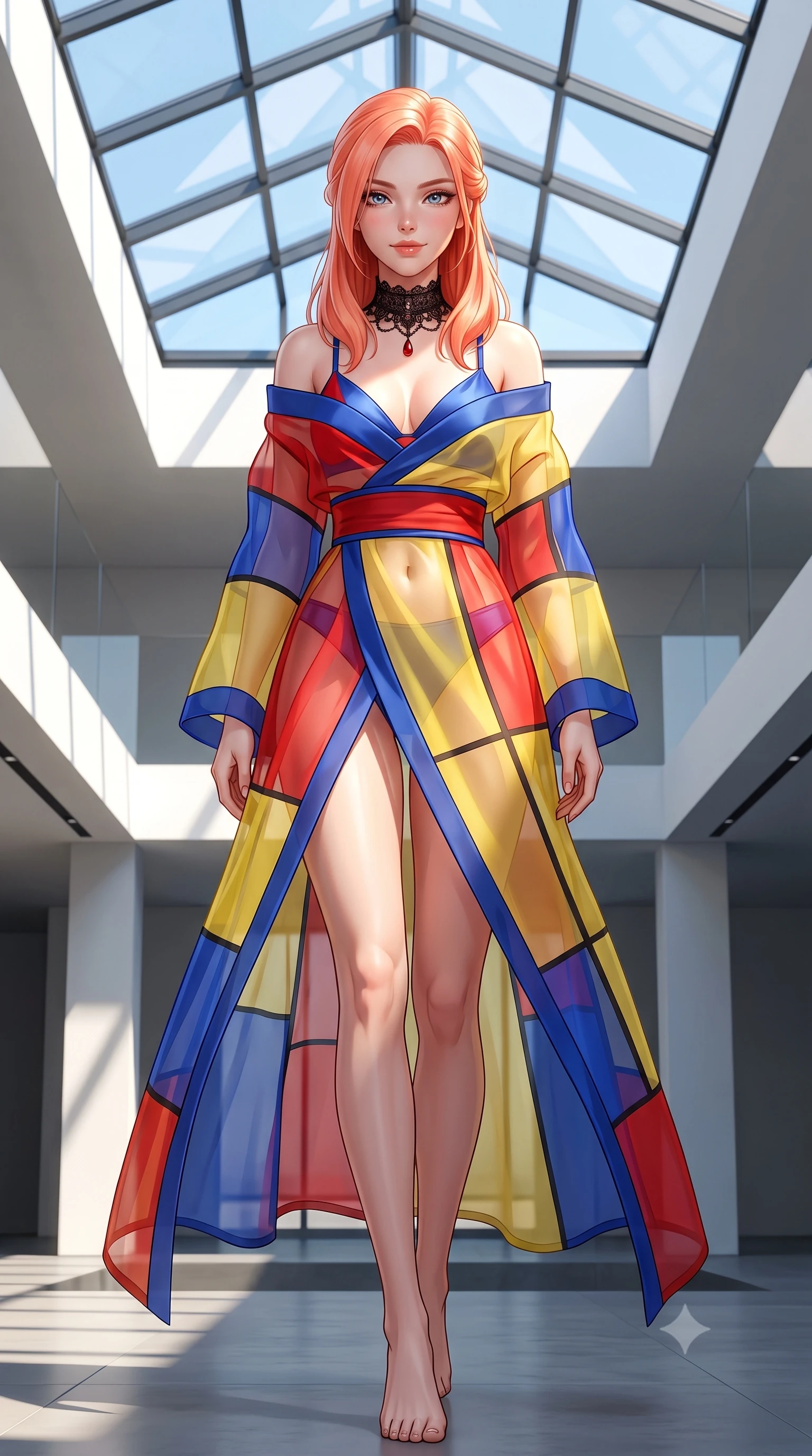 score_9, masterpiece, best quality, ultra-detailed, high-budget anime keyframe, semi-realistic 3D game render, editorial fashion photography, tasteful artistic composition, Japanese woman. low angle full-body shot from head to toe showing her feet, filling the entire 9:16 vertical frame with her statuesque presence, stretching her vertical silhouette. stepping slowly toward the camera with hypnotic grace, hips swaying in an alluring sensual rhythm that accentuates her curvy hourglass silhouette and long slender legs while twisting her slender torso in an alluring contrapposto stance, geometric sunlight beams cutting across her flat midriff and curvy hips. The surrounding environment is rendered in vivid detail and crisp panoramic clarity: detailed architectural dress cutout lines, glossy lip sheen, and Swiss contemporary architecture in razor-sharp precision. She has an absolutely perfect, statuesque 8.5-heads proportion, an exceptionally tall and slender model-like female figure with impossibly long slender legs, an ultra-slim waist, a flat toned midriff, narrow delicate ribcage, and beautifully sculpted feminine hips creating a graceful, slim hourglass silhouette without any bulky heaviness. sharp v-shaped jawline, high-bridge nose, sparkling eyes with hypnotic seductive depth, thick curled eyelashes, glossy parted lips with a natural dewy peach sheen, alluring bedroom-eyes with an enchanting coquettish smile, exuding magnetic siren charisma and sophisticated glamour, flawlessly proportioned anatomical accuracy, strict slender model proportions, natural body alignment, perfectly sculpted long slender limbs, ultra-slim waistline, clean dynamic posture without body distortion. wearing a delicate sheer organza kimono-style architectural wrap slipping off bare shoulders over a matching satin bralette in Mondrian primary red, canary yellow, and electric cobalt blue, made of sheer gossamer chiffon that drapes softly against skin with airy translucence, accented with an ornate black lace Victorian choker featuring a single blood-red teardrop garnet, the form-contouring silhouette accentuating her sculpted flat midriff, narrow delicate ribcage, and gracefully curvy hips with intoxicating allure. bathed in intense crisp neutral 5500K daylight flooding directly down from the overhead glass skylight. highly saturated vibrant anime colors, detailed shading with soft gradients, rich glossy textures, high-contrast stereoscopic depth, volumetric dynamic lighting, master piece, 9:16 ratio