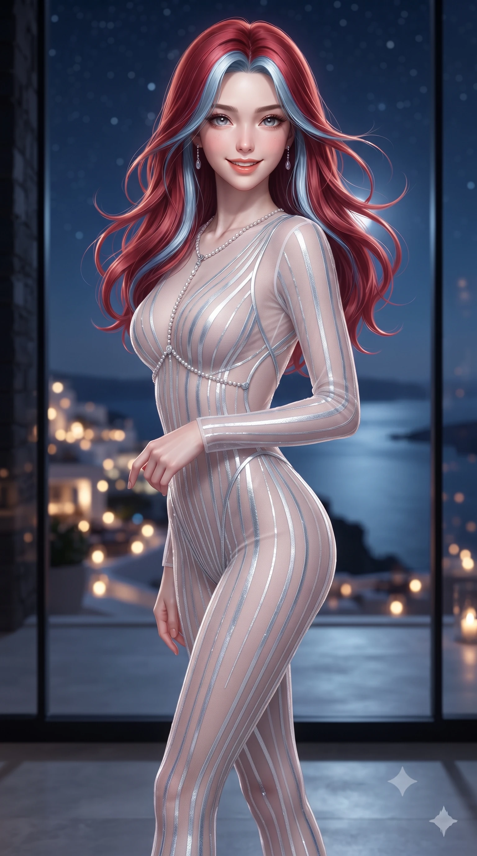 score_9, masterpiece, best quality, ultra-detailed, high-budget anime keyframe, editorial fashion photography, tasteful artistic composition, Caucasian woman. close-up cowboy shot from the waist and thighs up, the character dominates the composition, filling the frame with her large presence. turning slowly with an enchanting smoldering smile, her glossy hair tossing in the breeze as her hips angle gracefully in a captivating contrapposto while standing poised before the floor-to-ceiling glass wall framing the moonlit caldera, arching her lower back to emphasize her curvy hips against the black basalt walls. The background shows a soft-focus tiers of illuminated Fira cliffside bars and restaurants, moonlit caldera water reflections, and starry sky blurred into gold, ruby, and sapphire bokeh. She has an exceptionally elegant, slender, and willowy female figure with an ultra-slim waist, flat toned midriff, narrow ribcage, and sculpted feminine hips creating an alluring, slim hourglass silhouette without bulk. sharp v-shaped jawline, high-bridge nose, intricate jewel-like sparkling eyes with depth, thick eyelashes, glossy parted lips with a natural peach sheen, bright cheerful beaming smile with an enchanting and coquettish sensual glint, exuding both youthful cute charm and seductive allure, flawlessly proportioned anatomical accuracy, strict slender model proportions, natural body alignment, perfectly sculpted long slender limbs, ultra-slim waistline, clean dynamic posture without body distortion. wearing a form-fitting sheer illusion bodysuit with liquid metallic stripes tracing her long slender leg lines in St. Moritz alpine frost white and icy crystal silver, made of sheer gossamer chiffon that drapes softly against skin with airy translucence, accented with a pearl-drop body harness subtly framing her dewy collarbones and spine, the precision-cut side openings and low-back scoop framing her graceful spine and the sensual sweep of her slim, toned hips. illuminated by polished floor bounce and sharp rose-gold rim lights sculpting her features, flat midriff, and slender waist. ultra-reflective glossy finish, specular highlights, rich textural contrasts, high-contrast stereoscopic depth, volumetric dynamic lighting, 2k, ultra detail, master piece, 9:16 ratio