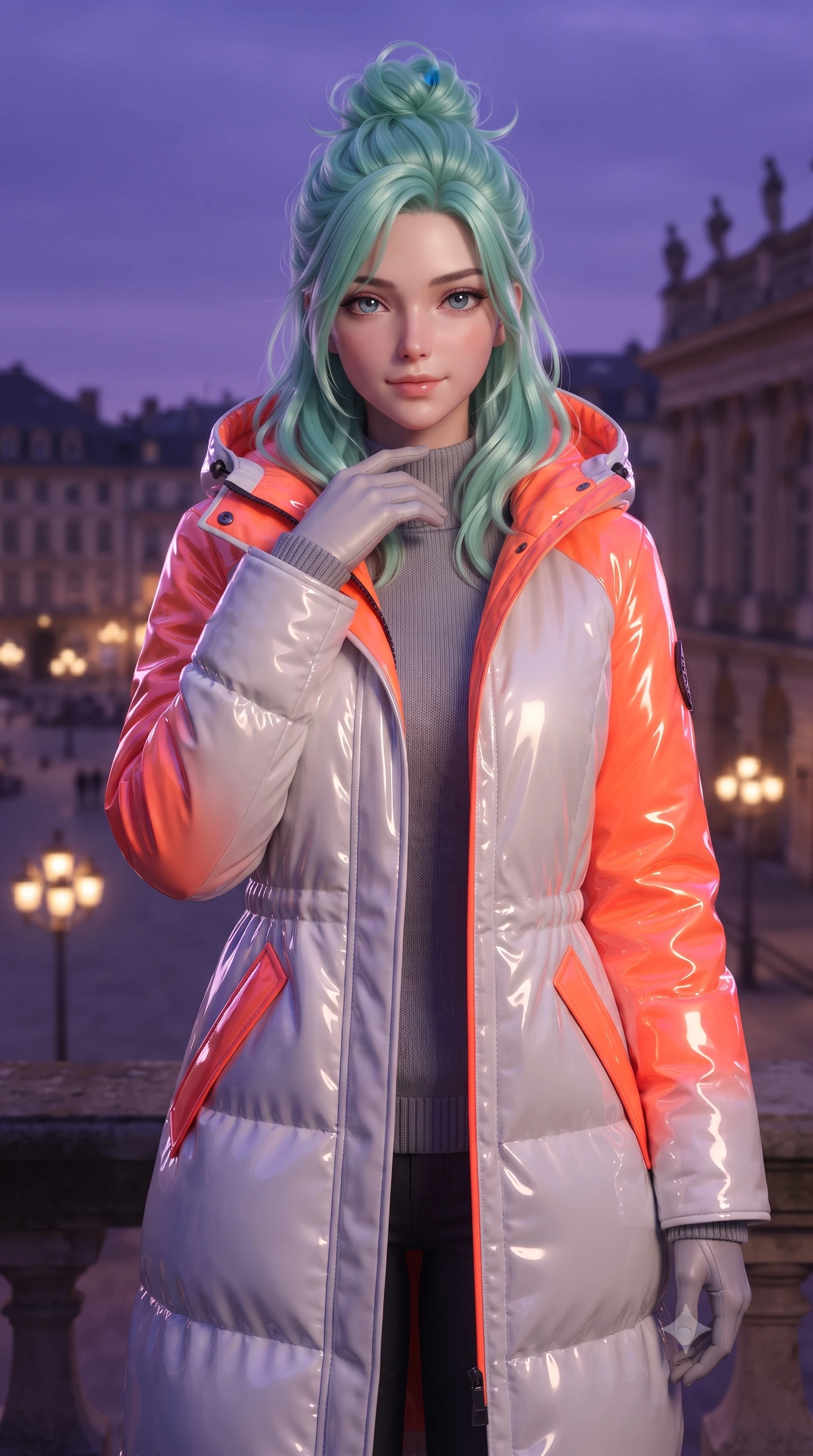 score_9, masterpiece, best quality, ultra-detailed, high-budget anime keyframe, editorial fashion photography, tasteful artistic composition, Japanese woman. close-up cowboy shot from the waist and thighs up, the character dominates the composition, filling the frame with her large presence, background elements kept in soft focus. standing with one hand resting on her collarbone, looking at the viewer with bedroom-eyes the background shows a soft-focus a scenic terrace of an opera house overlooking a historic European city plaza at dusk. She has an exceptionally elegant, slender, and willowy female figure with an ultra-slim waist, a gracefully sculpted slender torso, and a refined silhouette. sharp v-shaped jawline, high-bridge nose, intricate jewel-like eyes with depth, thick eyelashes, glossy lips with a natural sheen. wearing a body-hugging heavy polar-station parka in white and neon orange tech-fabric, over a grey utility sweater. deep violet twilight sky glow contrasting with the warm lights of the streetlamps. ultra-reflective glossy finish, specular highlights, metallic sheen, high-contrast stereoscopic depth, volumetric dynamic lighting, 2k, ultra detail, master piece, 9:16 ratio