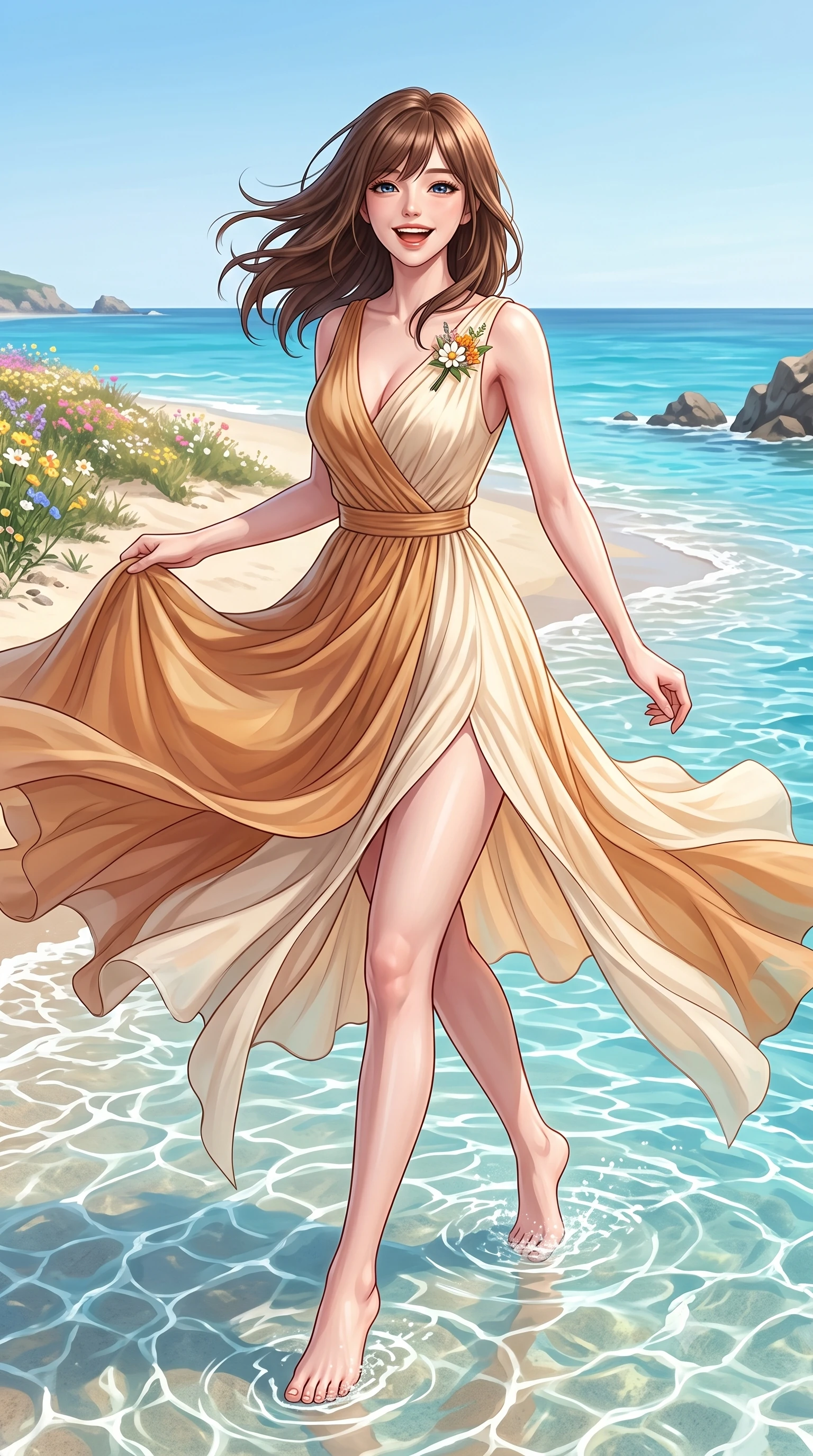 score_9, masterpiece, best quality, ultra-detailed, high-budget anime keyframe, semi-realistic 3D game render, editorial fashion photography, tasteful artistic composition, Korean woman. low angle full-body shot from head to toe showing her feet, filling the entire 9:16 vertical frame with her statuesque presence, stretching her vertical silhouette. stepping forward gracefully in mid-motion with a delighted cute laugh, displaying her tall slender model proportions while turning playfully as salty sea breezes flutter her dress hem and hair, exuding pure refreshing youthfulness. The surrounding environment is rendered in vivid detail and crisp panoramic clarity. crystal-clear shallow water caustics, coastal wildflowers, and panoramic ocean horizons in high resolution. She has an absolutely perfect, statuesque 8.5-heads proportion, an exceptionally tall and slender model-like female figure with impossibly long slender legs, a toned flat midriff, and an ultra-slim waist. sharp v-shaped jawline, high-bridge nose, intricate jewel-like eyes with depth, thick eyelashes, glossy lips with a natural sheen, pure and lovely fresh girlhood expression, flawlessly proportioned anatomical accuracy, strict slender model proportions, natural body alignment, perfectly sculpted long slender limbs, ultra-slim waistline, clean dynamic posture without body distortion. wearing a flowy silk-chiffon maxi dress with a gentle side slit and fluttering hemline in warm caramel and cream vanilla, made of fine lightweight chiffon with a soft fluid drape, complemented by a delicate wildflower corsage pinned to the lapel, the tailored casual silhouette highlighting her fresh and youthful presence and perfectly proportioned slender frame. surrounded by a refreshing, breezy, and irresistibly vibrant coastal sweetheart aura. highly saturated vibrant anime colors, detailed shading with soft gradients, rich glossy textures, high-contrast stereoscopic depth, volumetric dynamic lighting, master piece, 9:16 ratio