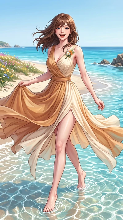 score_9, masterpiece, best quality, ultra-detailed, high-budget anime keyframe, semi-realistic 3D game render, editorial fashion photography, tasteful artistic composition, Korean woman. low angle full-body shot from head to toe showing her feet, fil