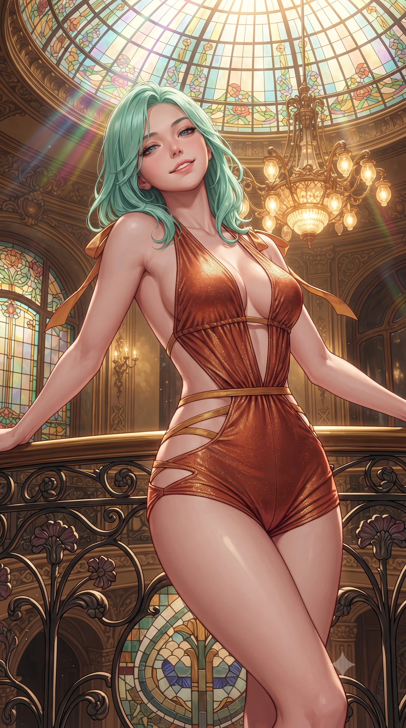 score_9, masterpiece, best quality, ultra-detailed, high-budget anime keyframe, editorial fashion photography, tasteful artistic composition, Japanese woman. close-up cowboy shot from the waist and thighs up, the character dominates the composition, filling the frame with her large presence. leaning back against the balustrade with relaxed seductive grace, head tilted back slightly while casting a hypnotic, heavy-lidded gaze while standing poised on the polished marble floor beneath the sweeping Art Nouveau stained-glass dome, arching her back with siren elegance as Alphonse Mucha-style gilded mosaics shimmer. The surrounding environment is rendered in vivid detail and crisp panoramic clarity: sharp hand-laid ceramic mosaic tesserae, polished unlacquered brass door furniture, and leaded stained-glass solder lines in deep focus. She has an exceptionally elegant, slender, and willowy female figure with an ultra-slim waist, flat toned midriff, narrow ribcage, and sculpted feminine hips creating an alluring, slim hourglass silhouette without bulk. sharp v-shaped jawline, high-bridge nose, intricate jewel-like sparkling eyes with depth, thick eyelashes, glossy parted lips with a natural peach sheen, bright cheerful beaming smile with an enchanting and coquettish sensual glint, exuding both youthful cute charm and seductive allure, flawlessly proportioned anatomical accuracy, strict slender model proportions, natural body alignment, perfectly sculpted long slender limbs, ultra-slim waistline, clean dynamic posture without body distortion. wearing a daring low-cut halterneck romper with exposed midriff and strappy hip cutouts in Florentine Renaissance Medici terracotta and warm gilded ochre, woven from stretch metallic lurex jersey casting radiant starlight glints across her curves, finished with satin ribbon ties at the shoulders fluttering in the gentle breeze, the liquid-tight tailored fabric clinging flawlessly to her narrow waist and rounded feminine hips, emphasizing every millimeter of her sculpted slim hourglass curves without any bulky heaviness. bathed in the warm golden 2700K incandescent chandelier glow mixed with prismatic colored beams filtering through stained glass. ultra-reflective glossy finish, specular highlights, rich textural contrasts, high-contrast stereoscopic depth, volumetric dynamic lighting, 2k, ultra detail, master piece, 9:16 ratio