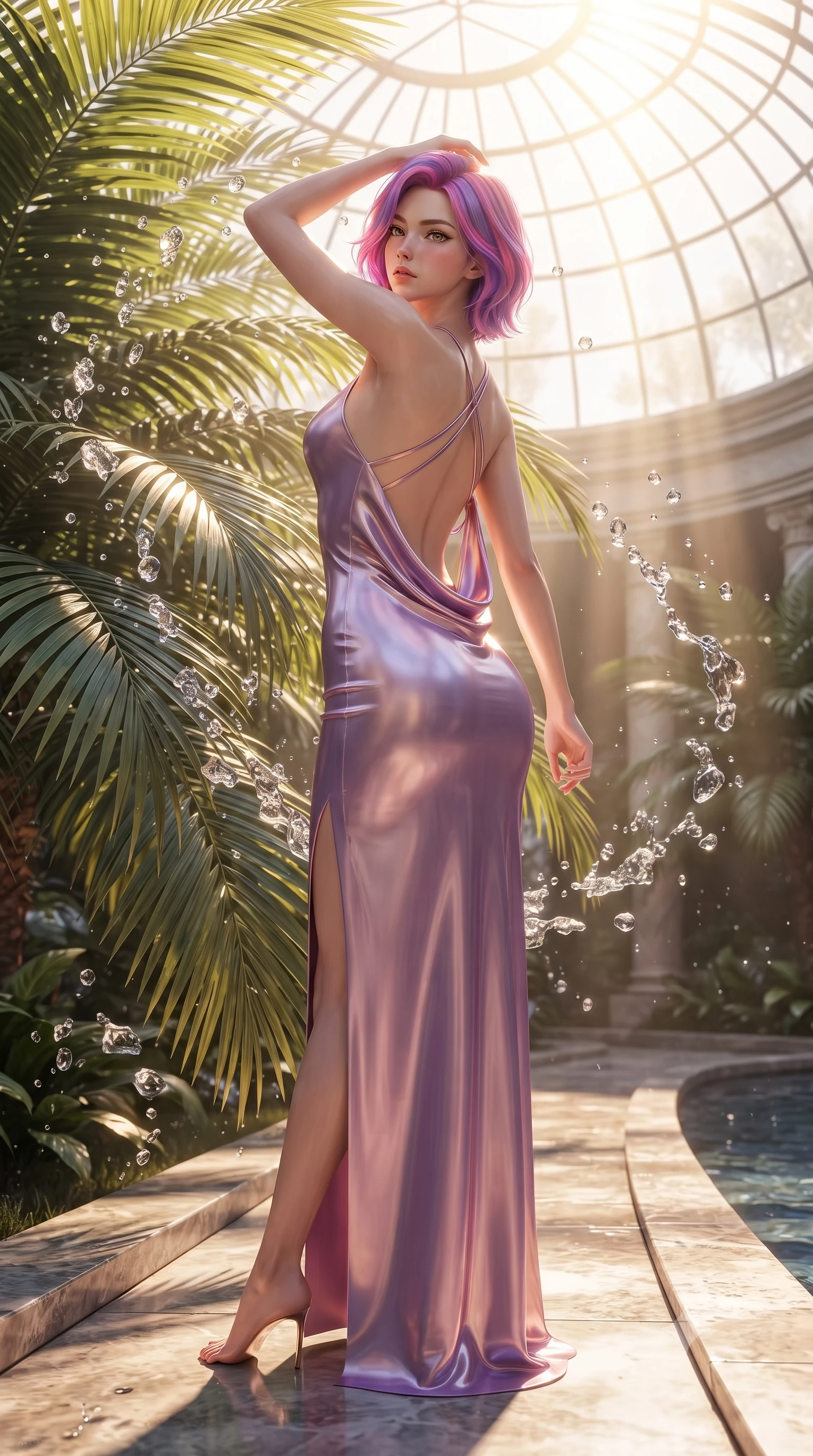 score_9, masterpiece, best quality, ultra-detailed, high-budget anime keyframe, editorial fashion photography, tasteful artistic composition, Caucasian woman. low angle full-body shot from head to toe showing her feet, filling the entire 9:16 vertical frame with her statuesque presence, stretching her vertical silhouette. pivoting dynamically in mid-motion with a breathtakingly alluring posture, displaying her flawless model proportions and ultra-slim waist while pivoting dynamically beside giant tropical palm fronds as crystal water droplets splash like diamonds in mid-air. The surrounding environment is rendered in vivid detail and crisp panoramic clarity. sharp splashing water droplet beads, palm frond textures, and polished stone pathways in high resolution. She has an absolutely perfect, statuesque 8.5-heads proportion, an exceptionally tall and slender model-like female figure with impossibly long slender legs, a toned flat midriff, and an ultra-slim waist. sharp v-shaped jawline, high-bridge nose, intricate jewel-like eyes with depth, thick eyelashes, glossy lips with a natural sheen, flawlessly proportioned anatomical accuracy, strict slender model proportions, natural body alignment, perfectly sculpted long slender limbs, ultra-slim waistline, clean dynamic posture without body distortion. wearing a precision-fitted liquid jersey bodycon dress with a dramatic draped cowl back that swoops down to her waist and a high side slit in luminous lavender violet and rose gold, crafted from ultra-reflective second-skin latex with a high-gloss glass-like polish, complemented by criss-cross back straps highlighting her completely bare spine, the glove-like aerodynamic second-skin fit tightly clinging to her ultra-slender waist and athletic curves without adding bulk, accentuating her razor-sharp statuesque lines and slim hourglass silhouette. bathed in intense volumetric golden sunbeams streaming through grand glass dome panes. ultra-reflective glossy finish, specular highlights, metallic sheen, high-contrast stereoscopic depth, volumetric dynamic lighting, 2k, ultra detail, master piece, 9:16 ratio