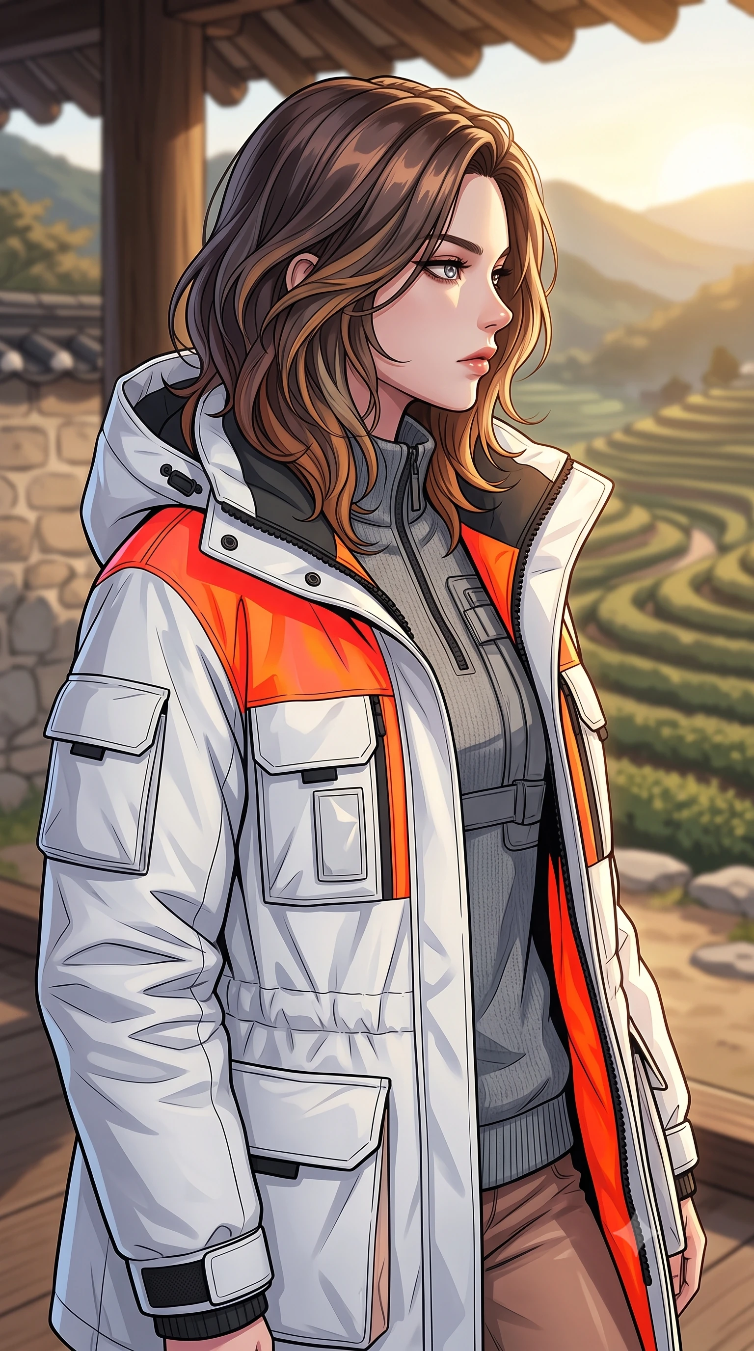 score_9, masterpiece, best quality, ultra-detailed, high-budget anime keyframe, tasteful artistic composition, Korean woman. close-up cowboy shot from the waist and thighs up, the character dominates the composition, filling the frame with her large presence, background elements kept in soft focus. turning her face in sharp profile, casting a cold, mysterious, yet intensely alluring side gaze, the background shows a soft-focus a traditional estate balcony overlooking a valley of terraced tea fields. She has an exceptionally elegant, slender, and willowy female figure with an ultra-slim waist, a gracefully sculpted slender torso, and a refined silhouette. sharp v-shaped jawline, high-bridge nose, intricate jewel-like eyes with depth, thick eyelashes, glossy lips with a natural sheen. wearing a tailored heavy polar-station parka in white and neon orange tech-fabric, over a grey utility sweater. late afternoon sun casting a majestic golden glow over the stone walls. highly saturated vibrant anime colors, cel-shading, 2d style, master piece, 9:16 ratio
