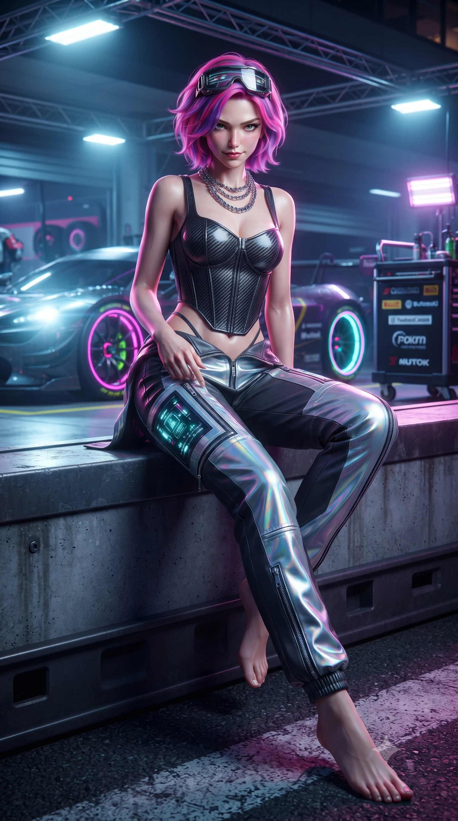 score_9, masterpiece, best quality, ultra-detailed, high-budget anime keyframe, editorial fashion photography, tasteful artistic composition, Caucasian woman. low angle full-body shot from head to toe showing her feet, filling the entire 9:16 vertical frame with her statuesque presence, stretching her vertical silhouette. sitting poised on the elevated edge with legs crossed and extended, her tall 8.5-heads proportions dominating the scene with effortless poise while crouching low beside a glowing neon wheel rim, one hand resting on her thigh, casting an intense, electrifying smirk. The surrounding environment is rendered in vivid detail and crisp panoramic clarity. detailed leather racing suit sponsor patches, zipper teeth, and glowing telemetry HUD screens in high resolution. She has an absolutely perfect, statuesque 8.5-heads proportion, an exceptionally tall and slender model-like female figure with impossibly long slender legs, a toned flat midriff, and an ultra-slim waist. sharp v-shaped jawline, high-bridge nose, intricate jewel-like eyes with depth, thick eyelashes, glossy parted lips with a natural sheen, intensely captivating and seductive expression, flawlessly proportioned anatomical accuracy, strict slender model proportions, natural body alignment, perfectly sculpted long slender limbs, ultra-slim waistline, clean dynamic posture without body distortion. wearing a deconstructed carbon-fiber corset top paired with low-slung leather utility trousers in holographic silver prism and deep graphite, made of breathable technical athletic mesh and liquid-finish track nylon, accessorized with a chunky chrome chain necklace and cyber-visor goggles on her brow, the sleek tactical cut tightly hugging her graceful clavicle, narrow waist, and athletic curves with statuesque precision. bathed in high-intensity xenon hypercar headlights and neon pitlane floodlights. ultra-reflective glossy finish, specular highlights, rich textural contrasts, high-contrast stereoscopic depth, volumetric dynamic lighting, 2k, ultra detail, master piece, 9:16 ratio
