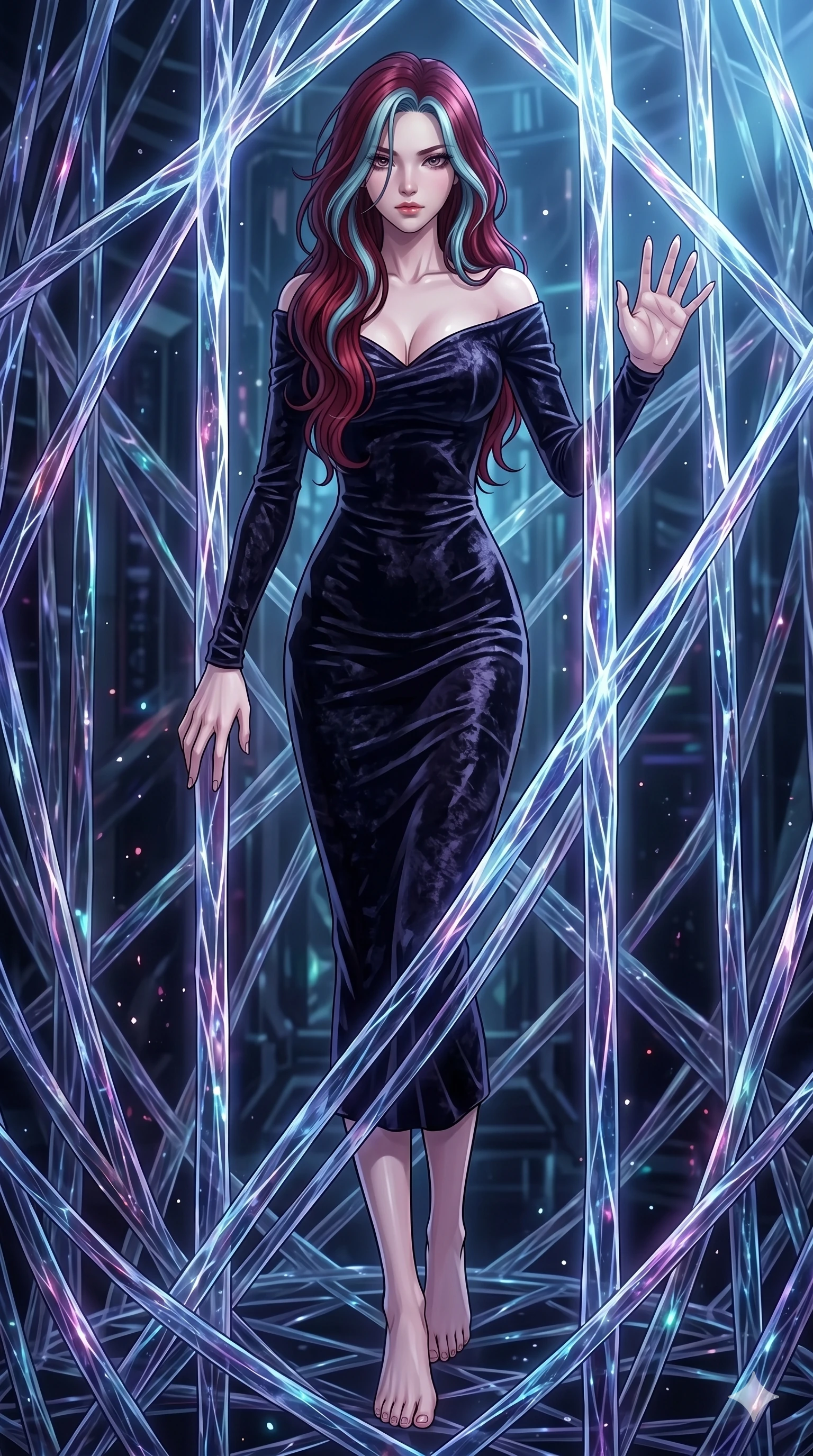 score_9, masterpiece, best quality, ultra-detailed, High-budget Anime Keyframe, East Asian woman. Dynamic full-body shot stretching the vertical silhouette to the limit. Scenario 132: Trapped in a cage of glowing crystalline fibers, body pressing against the bars. Her presence is magnetic and overpowering in this high-budget anime scene. Outfit 132: A crushed dark velvet second with a low-cut shoulder and tight-fitting silhouette. The clothing is designed to emphasize her exceptionally tall and slender 8-heads proportion. 8-heads proportion, towering silhouette, ultra-slim waist. sharp v-shaped jawline, intricate jewel-like eyes with depth, thick eyelashes, glossy lips. 2k, ultra detail, master piece, 9:16 ratio