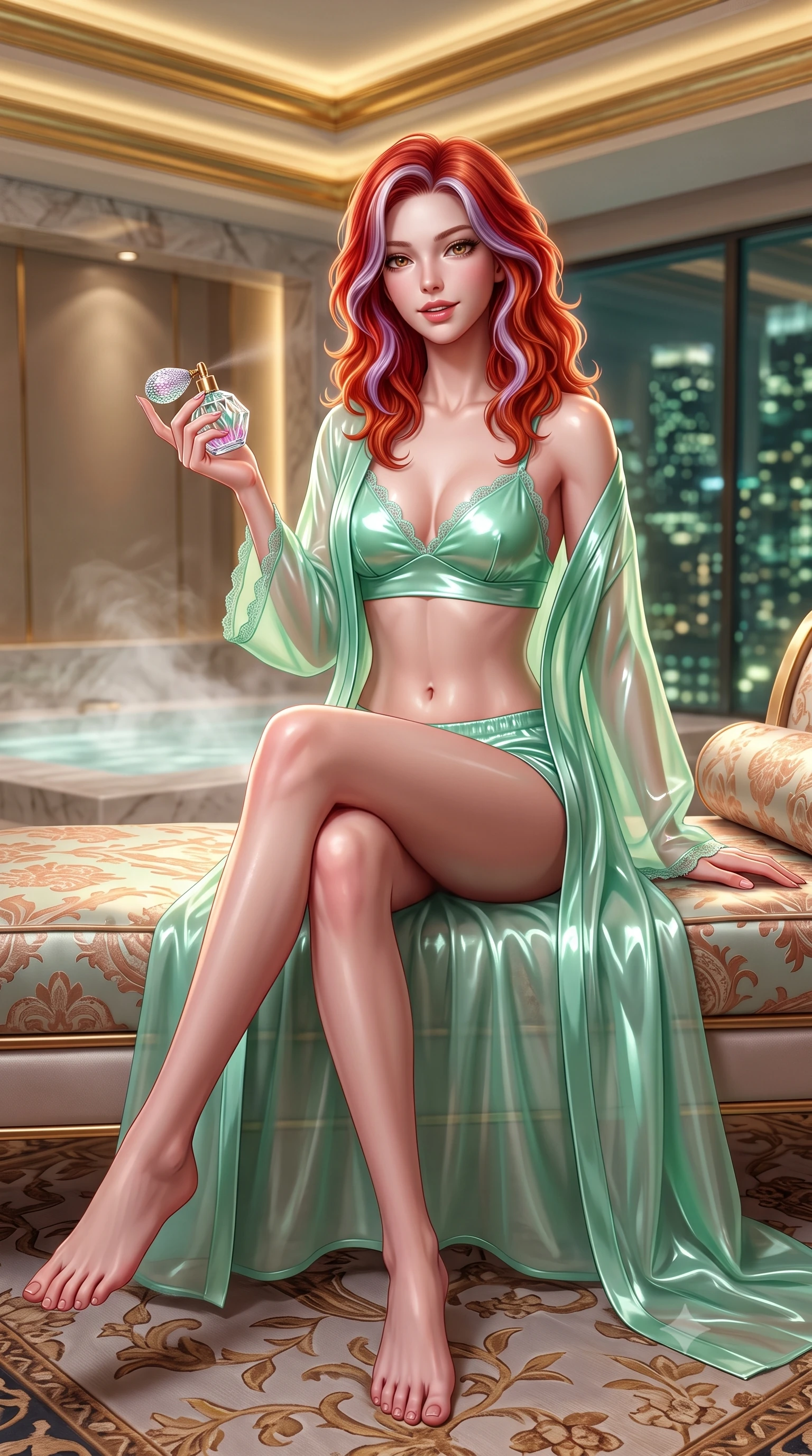 score_9, masterpiece, best quality, ultra-detailed, high-budget anime keyframe, semi-realistic 3D game render, editorial fashion photography, tasteful artistic composition, Caucasian woman. low angle full-body shot from head to toe showing her feet, filling the entire 9:16 vertical frame with her statuesque presence, stretching her vertical silhouette. lounging on the lavish daybed with legs crossed and hips angled toward the camera, displaying her toned midriff and long slender limbs with effortless siren poise while sitting perched on the wide stepped onyx platform with legs crossed, holding a crystal perfume atomizer with an enchanting, parted-lip smile. The background shows a soft-focus steaming water surface in sunken bath, stepped gold-leaf ceiling cornices, and glittering city skyline outside blurred into jade, honey, and charcoal bokeh. She has an absolutely perfect, statuesque 8.5-heads proportion, an exceptionally tall and slender model-like female figure with impossibly long slender legs, an ultra-slim waist, a flat toned midriff, narrow delicate ribcage, and beautifully sculpted feminine hips creating a graceful, slim hourglass silhouette without any bulky heaviness. sharp v-shaped jawline, high-bridge nose, sparkling eyes with hypnotic seductive depth, thick curled eyelashes, glossy parted lips with a natural dewy peach sheen, alluring bedroom-eyes with an enchanting coquettish smile, exuding magnetic siren charisma and sophisticated glamour, flawlessly proportioned anatomical accuracy, strict slender model proportions, natural body alignment, perfectly sculpted long slender limbs, ultra-slim waistline, clean dynamic posture without body distortion. wearing a sheer silk organza modern caftan robe worn loose and slipping off bare shoulders over a matching satin bralette and micro-shorts in Moroccan mint green and hammered copper, crafted from wet-look high-gloss vinyl fabric with dazzling specular surface reflections, finished with scalloped eyelash lace trim framing her sweetheart neckline with intimate elegance, the glove-like clinging cut tightly following the natural contour of her hips and long slender legs with youthful 8.5-heads elegance. illuminated by polished stone reflection fill and sharp champagne-gold rim lights sculpting her jawline, narrow waist, and curvy hips. highly saturated vibrant anime colors, detailed shading with soft gradients, rich glossy textures, high-contrast stereoscopic depth, volumetric dynamic lighting, master piece, 9:16 ratio