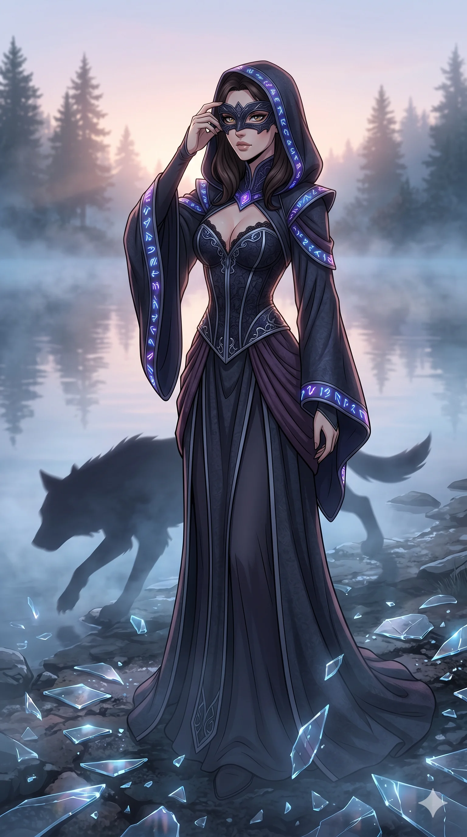 score_9, masterpiece, best quality, ultra-detailed, Set A: High-budget Anime Keyframe, Caucasian (strictly human ears) woman. Low angle cowboy shot filling the entire 9:16 frame with her statuesque presence. Adjusting a mask through a misty lakeside at dawn, while her shadow mimics the movements of a predator 165 and surrounded by shattered glass fragments. She has an absolutely perfect 8-heads proportion, an exceptionally tall and slender female figure with impossibly long slender legs and an ultra-slim waist. Sharp v-shaped jawline, high-bridge nose, intricate jewel-like eyes with depth, thick eyelashes, glossy lips with a natural sheen. Wearing Dark sorceress robes with glowing runes and a deep-cut lace corset. Cinematic lighting, vibrant colors, dramatic shadows, 2k, ultra detail, master piece, 9:16 ratio
