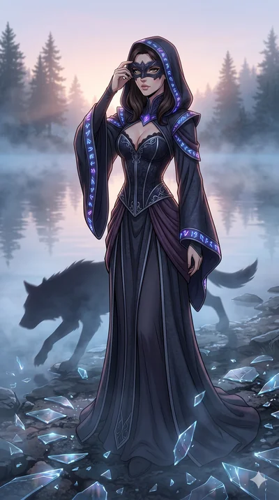 score_9, masterpiece, best quality, ultra-detailed, Set A: High-budget Anime Keyframe, Caucasian (strictly human ears) woman. Low angle cowboy shot filling the entire 9:16 frame with her statuesque presence. Adjusting a mask through a misty lakeside 