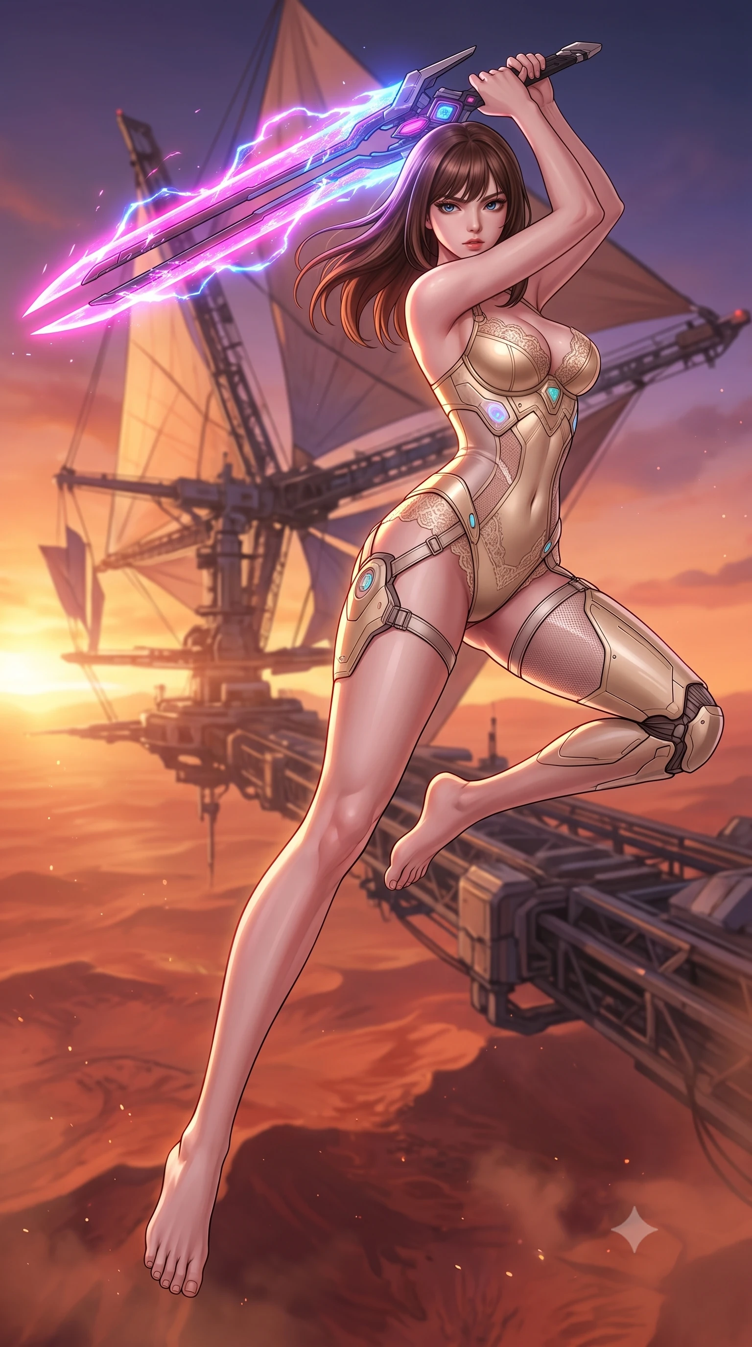 score_9, masterpiece, best quality, ultra-detailed, high-budget anime keyframe, editorial fashion photography, tasteful artistic composition, Korean woman. low angle full-body shot from head to toe showing her feet, filling the entire 9:16 vertical frame with her statuesque presence, stretching her vertical silhouette. leaping forward while slashing with a twin-bladed plasma sword in mid-air, her body-contouring suit showing her athletic silhouette, the background shows a soft-focus a high-altitude solar sail rig suspended over a red desert planet. She has an absolutely perfect, statuesque 8.5-heads proportion, an exceptionally tall and slender model-like female figure with impossibly long slender legs and an ultra-slim waist. sharp v-shaped jawline, high-bridge nose, intricate jewel-like eyes with depth, thick eyelashes, glossy lips with a natural sheen. wearing a body-hugging delicate lace-accented cybernetic bustier in champagne gold, featuring a semi-transparent mesh underlay. the dramatic orange glow of a desert planet sunset casting long shadows. highly saturated vibrant anime colors, detailed shading with soft gradients, rich glossy textures, high-contrast stereoscopic depth, volumetric dynamic lighting, master piece, 9:16 ratio
