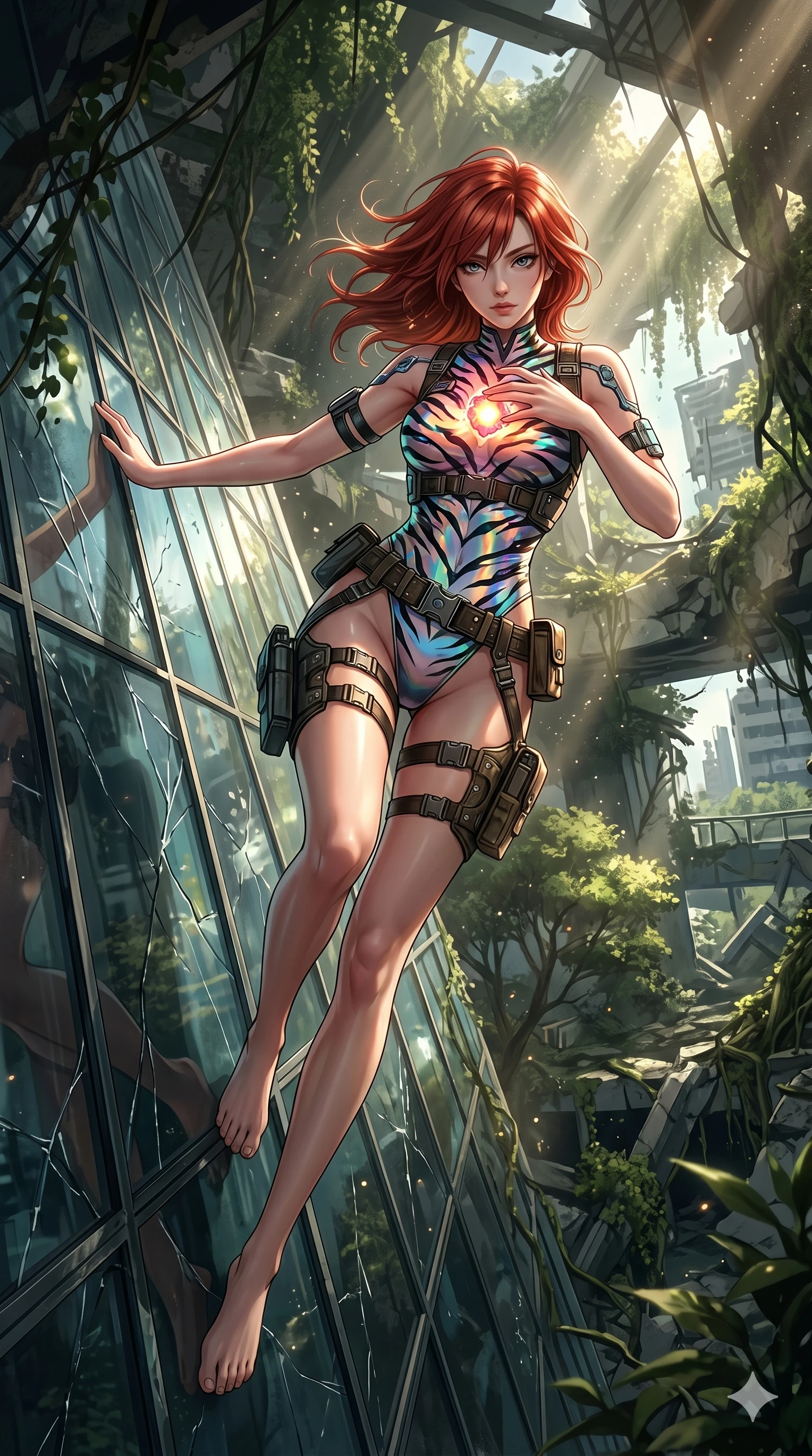 score_9, masterpiece, best quality, ultra-detailed, Set A: High-budget Anime Keyframe, Japanese woman. Low angle cowboy shot filling the entire 9:16 frame with her statuesque presence. Theme: Ethereal Dream. sliding down a glass skyscraper in a ruined overgrown shopping mall, holding a glowing core that hums with the power of 282 suns. The atmosphere is filled with cinematic sunlight through leaves. She has an absolutely perfect 8-heads proportion, an exceptionally tall and slender female figure with impossibly long slender legs and an ultra-slim waist. Sharp v-shaped jawline, high-bridge nose, intricate jewel-like eyes with depth, glossy lips. Wearing Holographic tiger-stripe bodysuit with a high-cut leg line and tactical belts. Cinematic lighting, vivid colors, dramatic shadows, 2k, ultra detail, master piece, 9:16 ratio